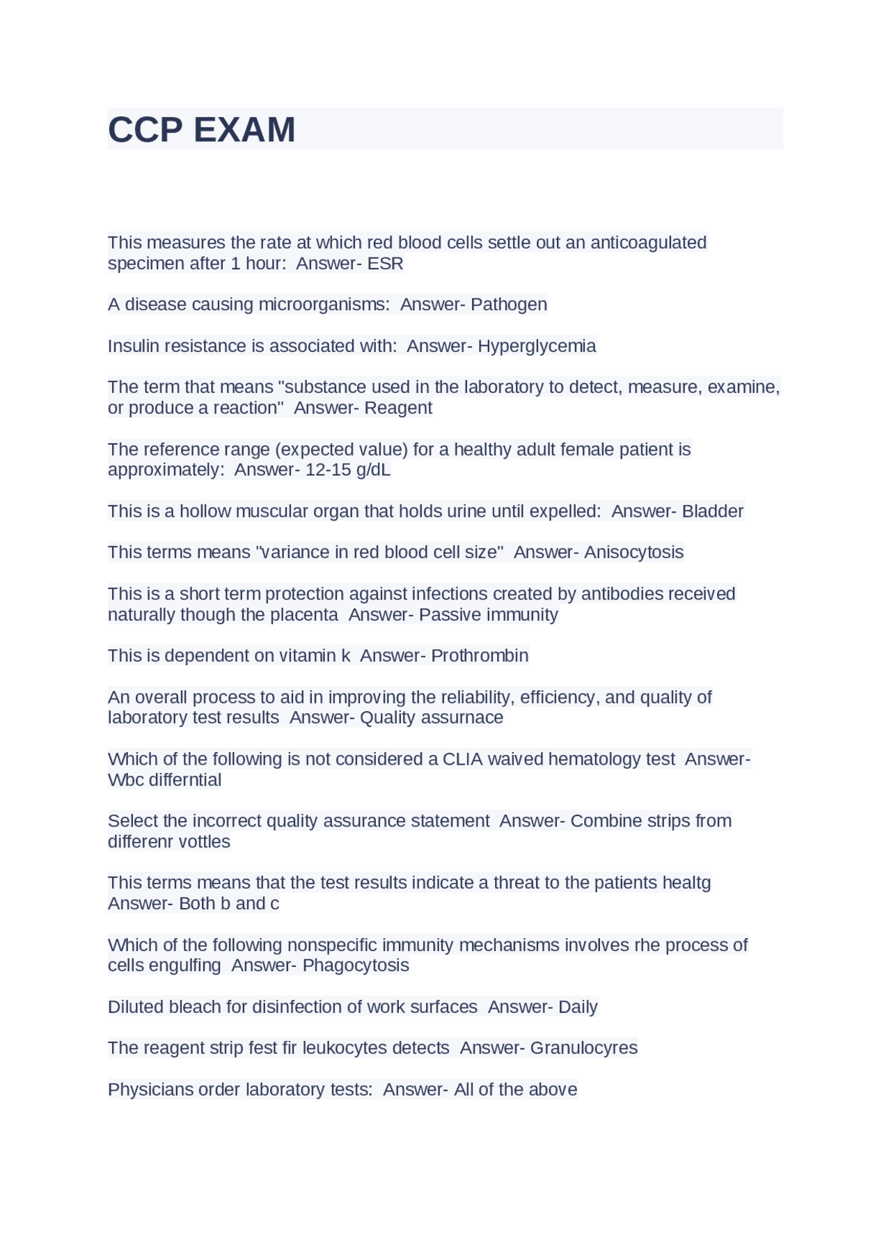 Clinical Laboratory Science Fundamentals | Exams Nursing | Docsity