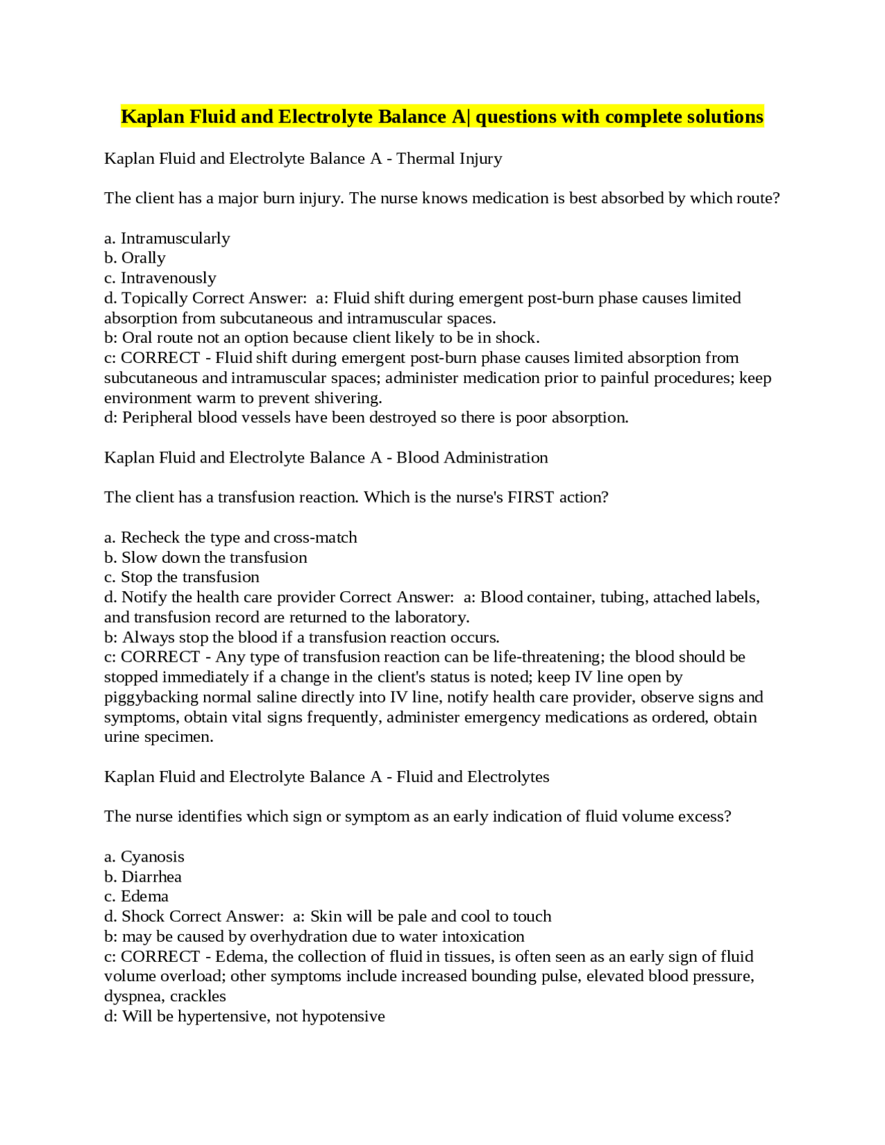 Kaplan Fluid and Electrolyte Balance A| questions with complete ...