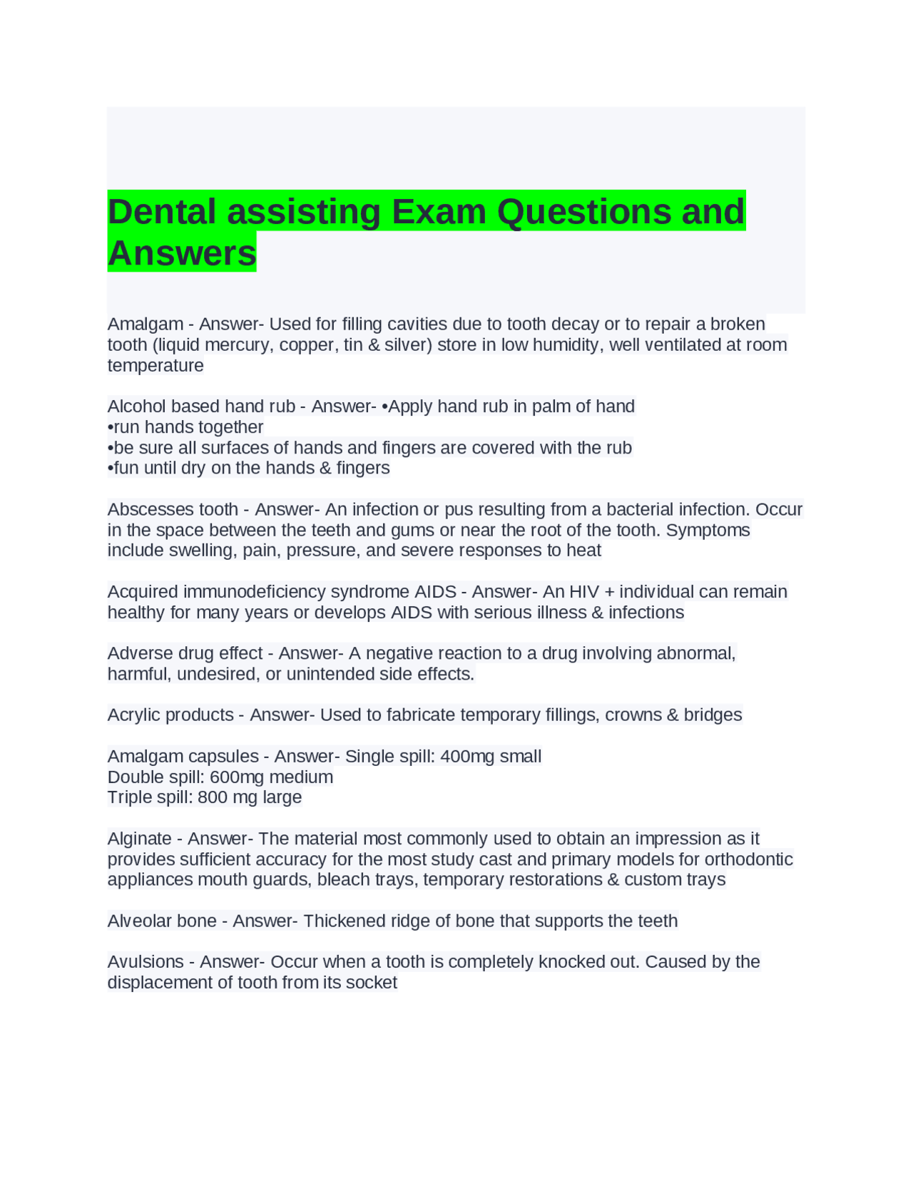 Dental assisting Exam Questions and Answers | Exams Nursing | Docsity