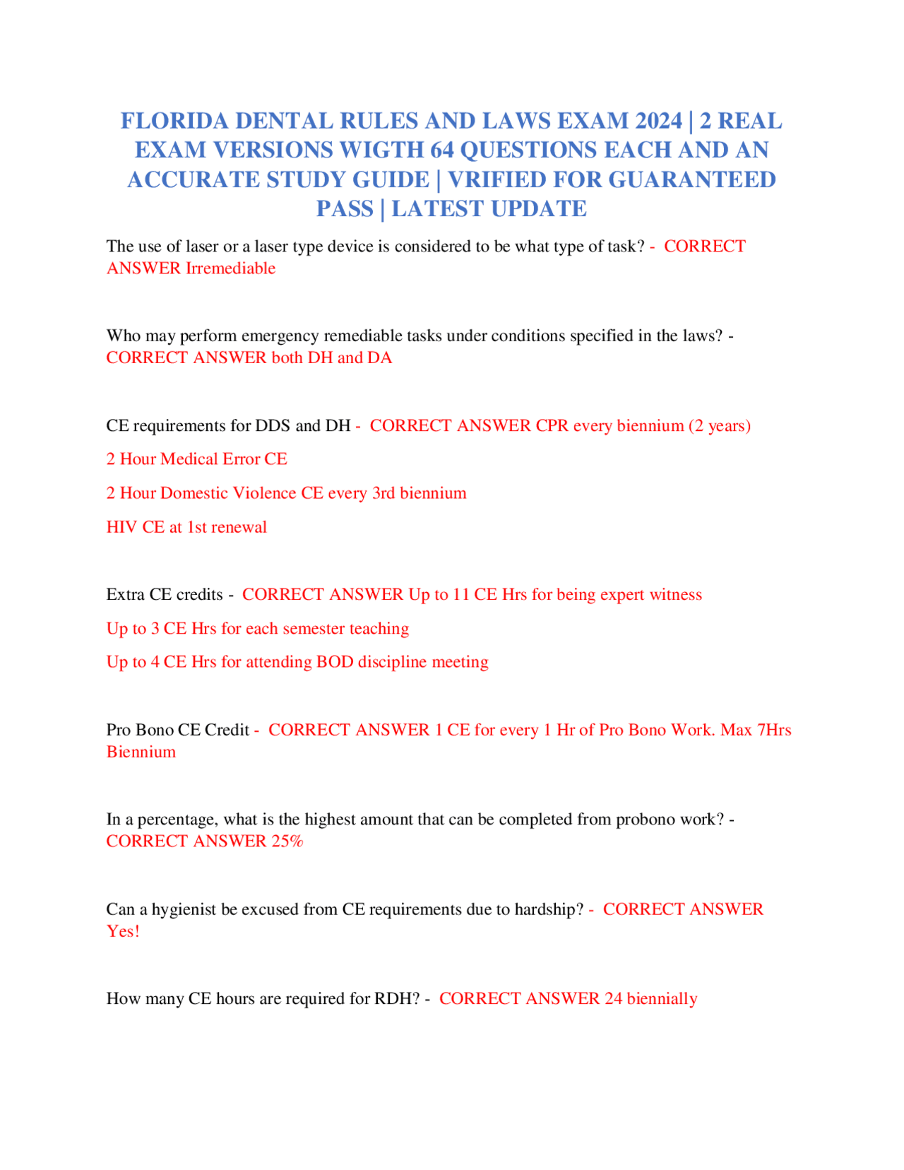 FLORIDA DENTAL RULES AND LAWS EXAM 2024 2 REAL EXAM VERSIONS WITH 64 QUESTIONS Exams Nursing