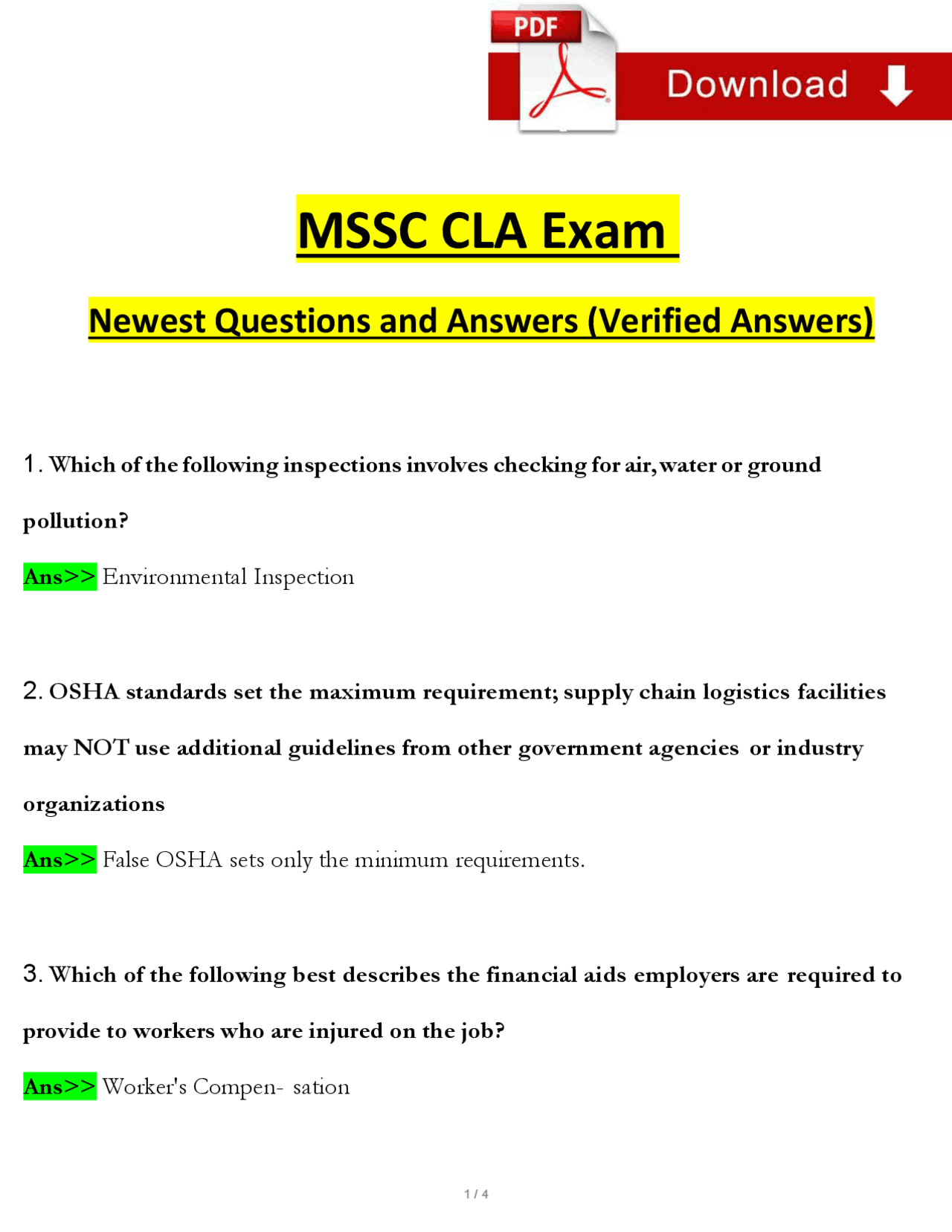 MSSC CLA Exam Newest Questions and Answers (Verified Answers) | Exams ...