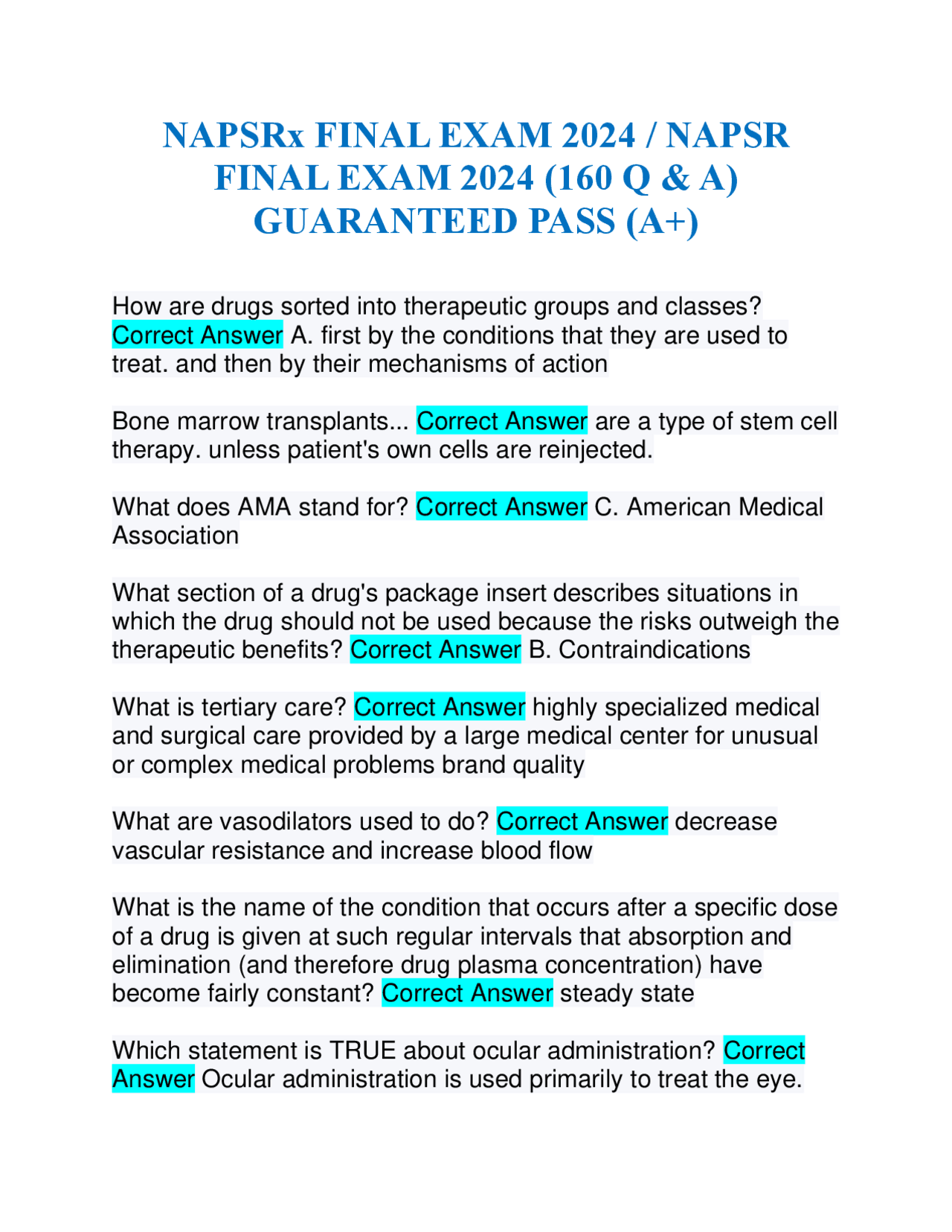 NAPSRx FINAL EXAM 2024 / NAPSR FINAL EXAM 2024 (160 Q & A) GUARANTEED ...