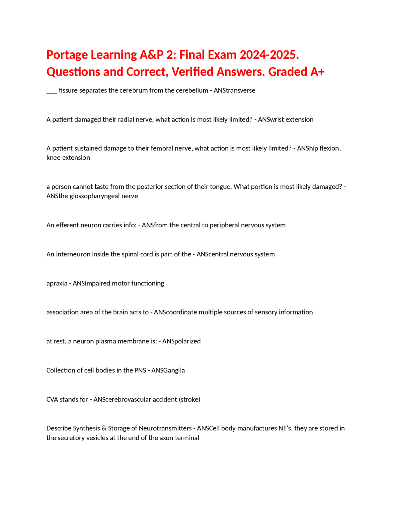 Portage Learning A&P 2: Final Exam 2024-2025. Questions and Correct ...