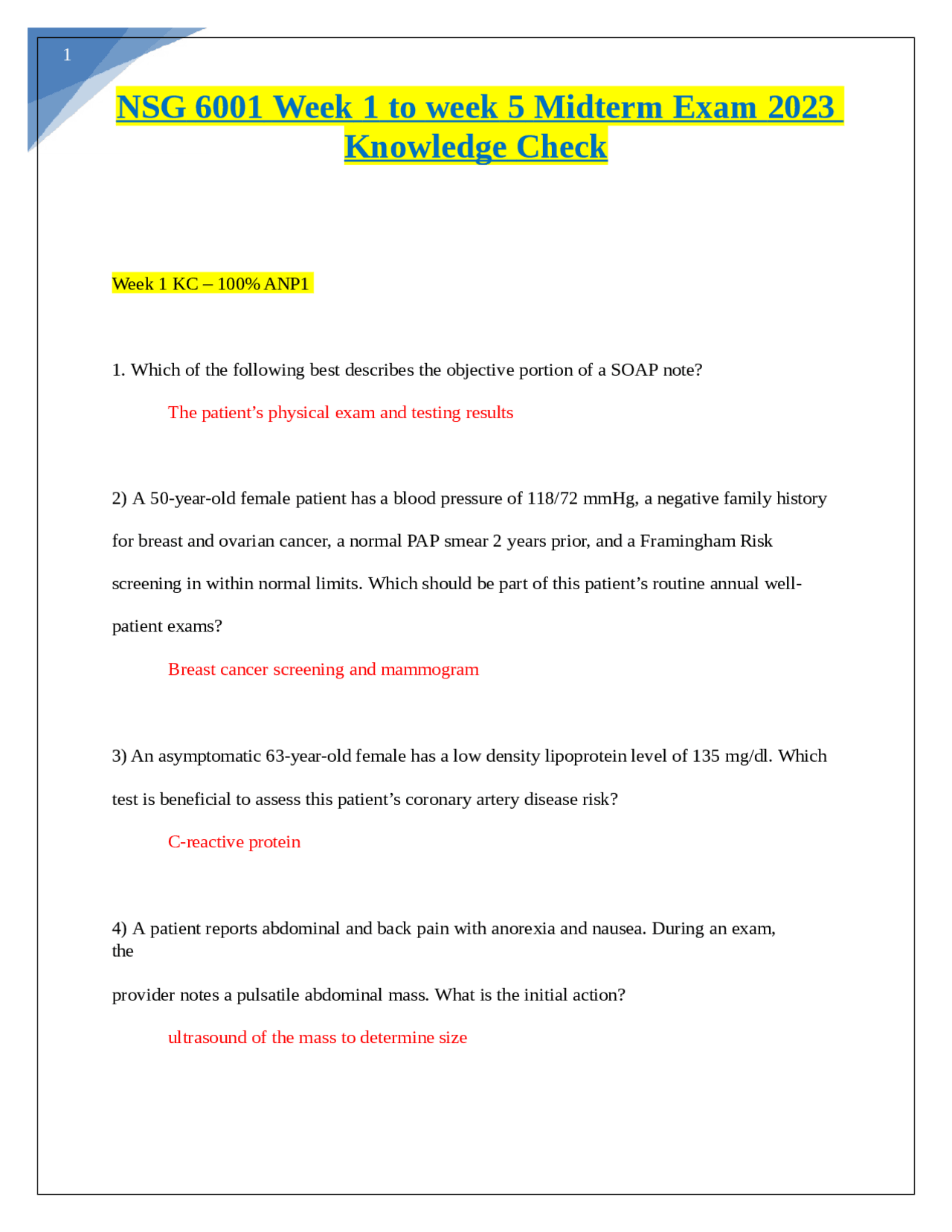 NSG 6001 Week 1 to week 5 Midterm Exam 2023 Knowledge Check | Exams ...