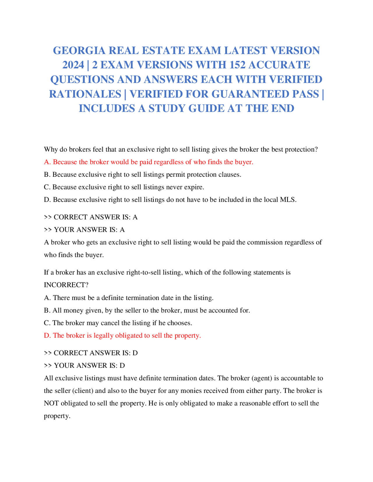 REAL ESTATE EXAM LATEST VERSION 2024 2 EXAM VERSIONS WITH 152