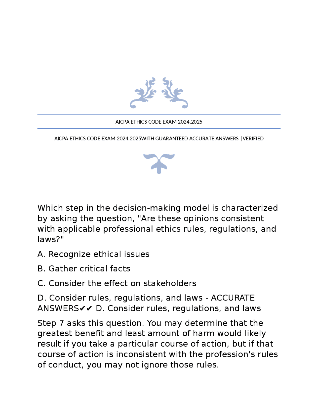 AICPA ETHICS CODE EXAM 2024.2025WITH GUARANTEED ACCURATE ANSWERS ...