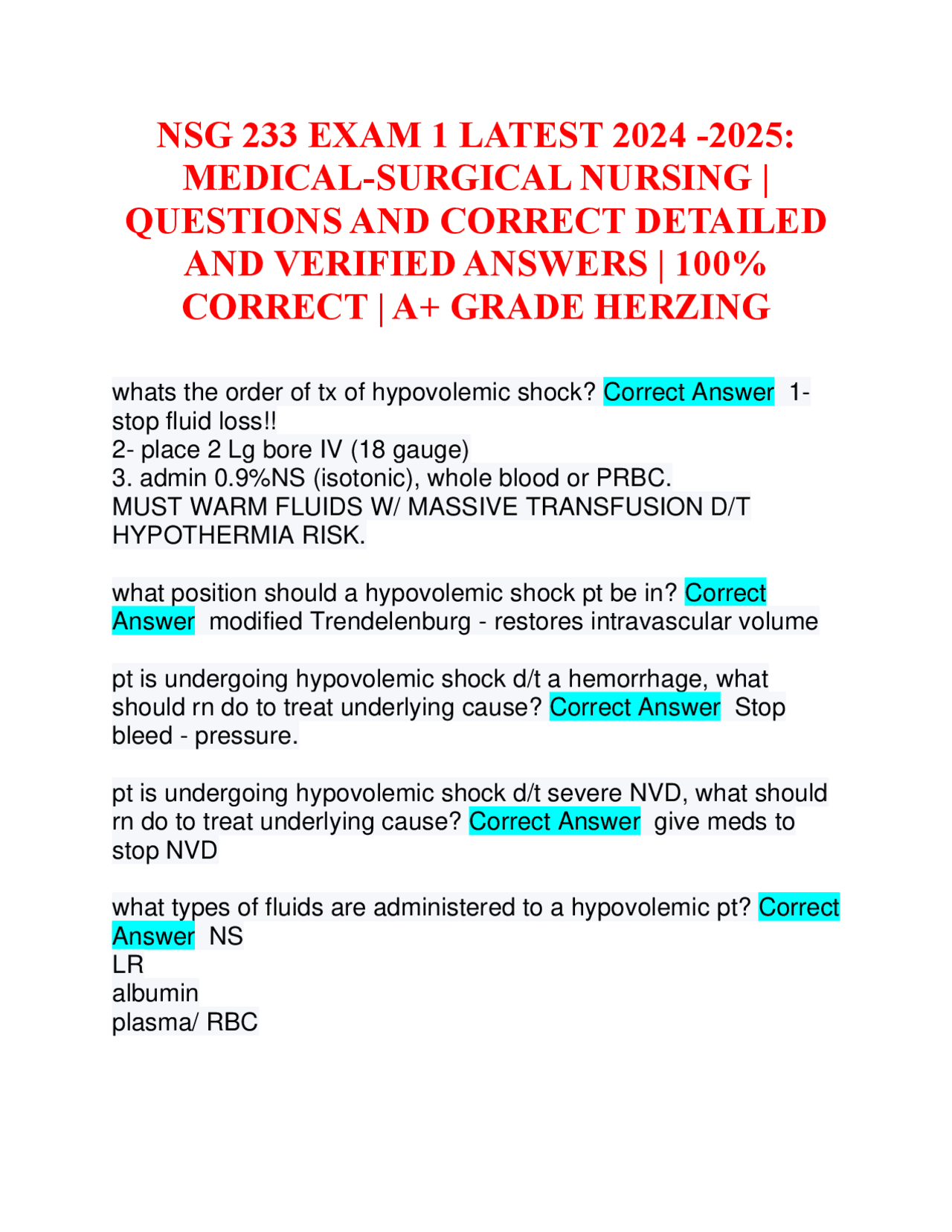NSG 233 EXAM 1 LATEST 2024 -2025: MEDICAL-SURGICAL NURSING | QUESTIONS ...