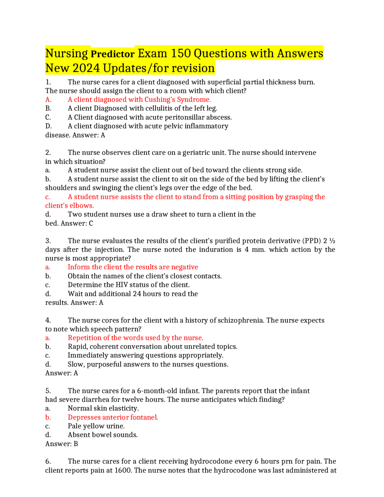 Nursing Predictor Exam 150 Questions with Answers New 2024 Updates/for ...