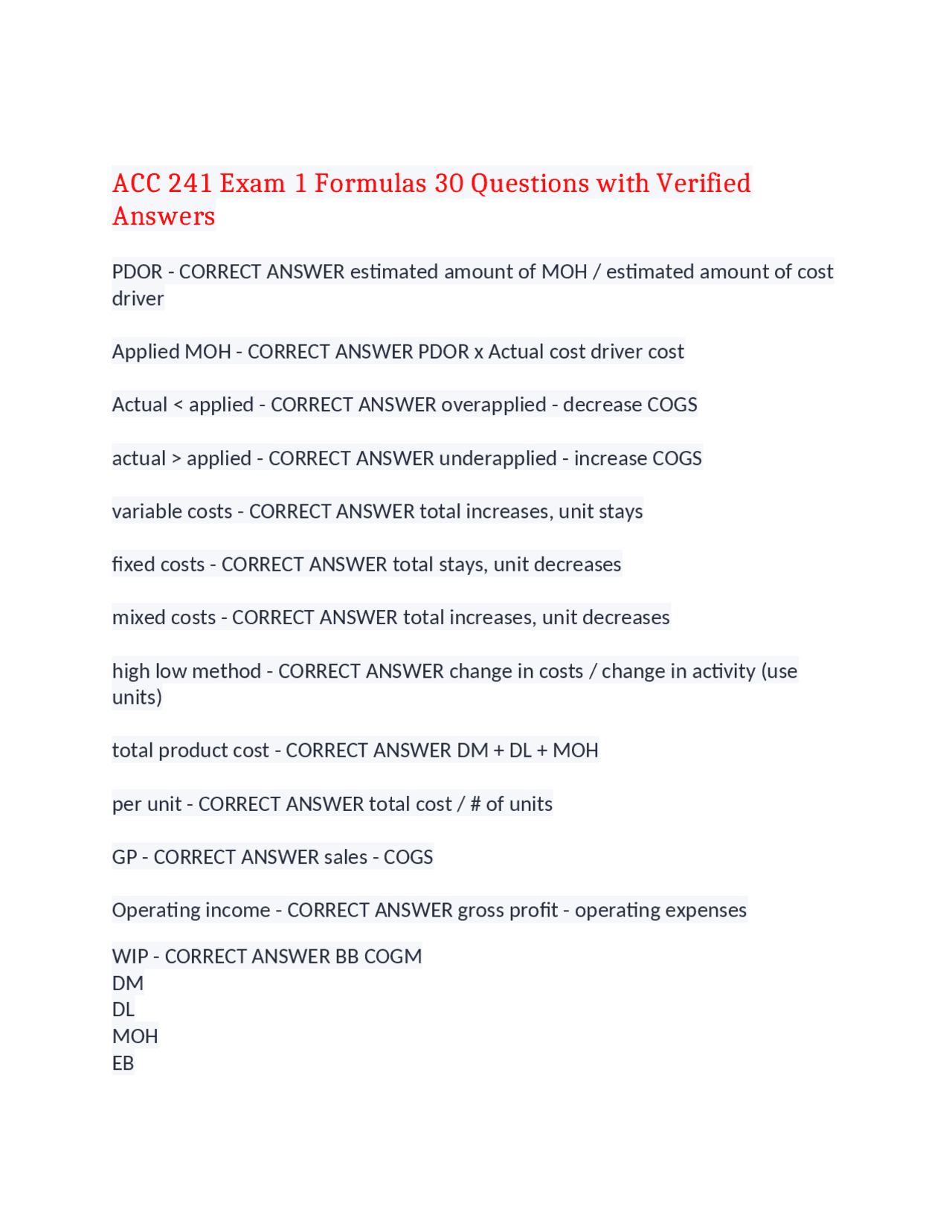 ACC 241 Exam 1 Formulas 30 Questions with Verified Answers,100% CORRECT ...