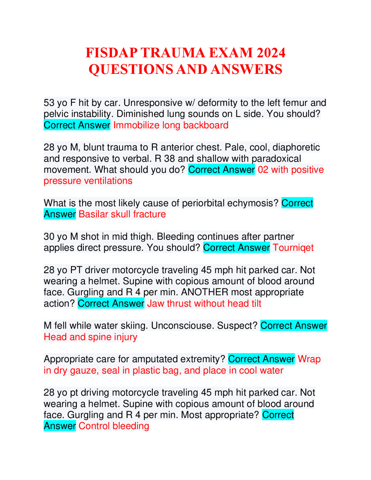 FISDAP TRAUMA EXAM 2024 QUESTIONS AND ANSWERS | Exams Nursing | Docsity