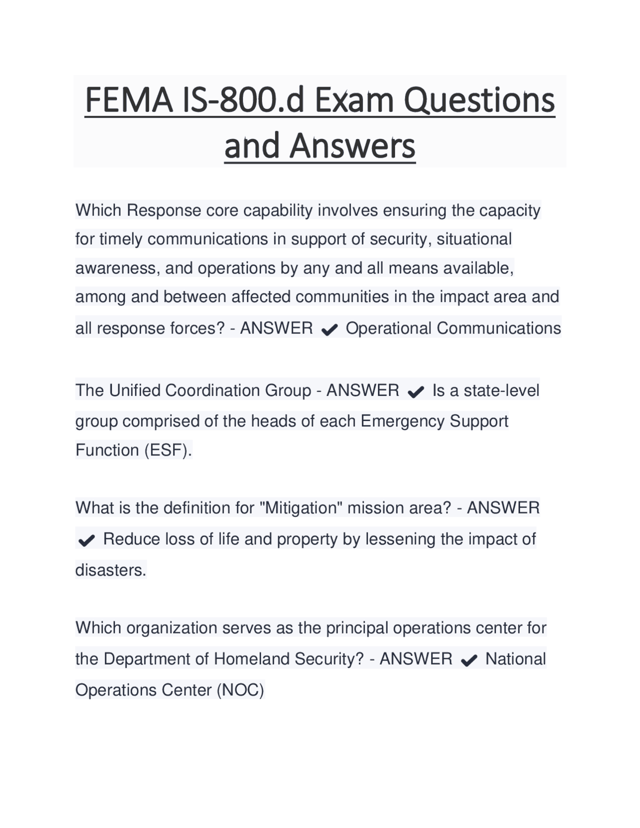 FEMA IS-800.d Exam Questions and Answers. | Exams Nursing | Docsity