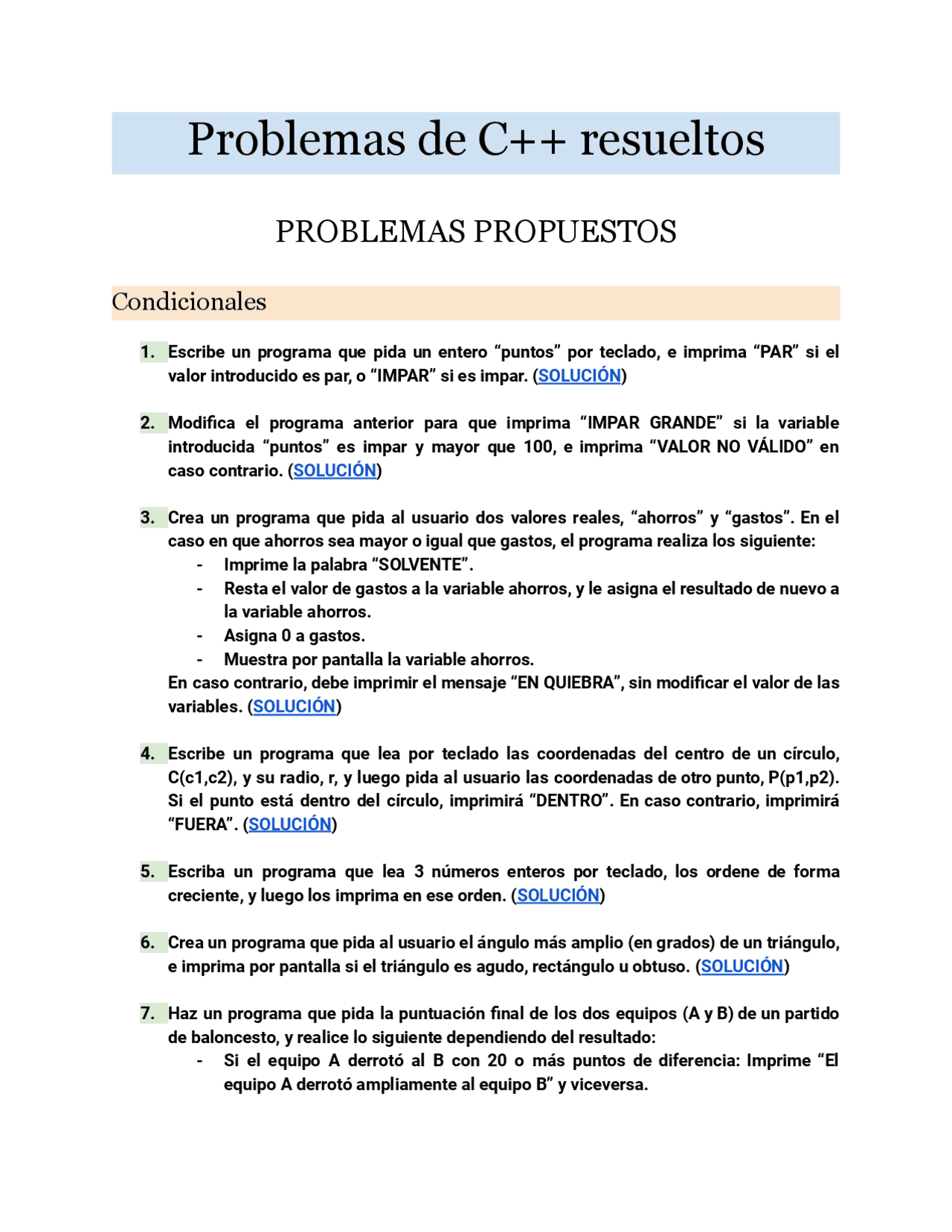 25 problemas de C++ resueltos | Ejercicios de Informática | Docsity
