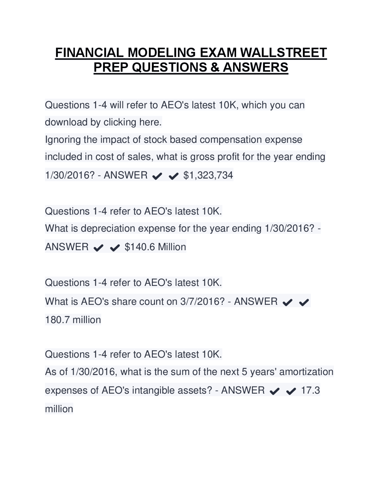 FINANCIAL MODELING EXAM WALLSTREET PREP QUESTIONS & A | Exams Nursing ...
