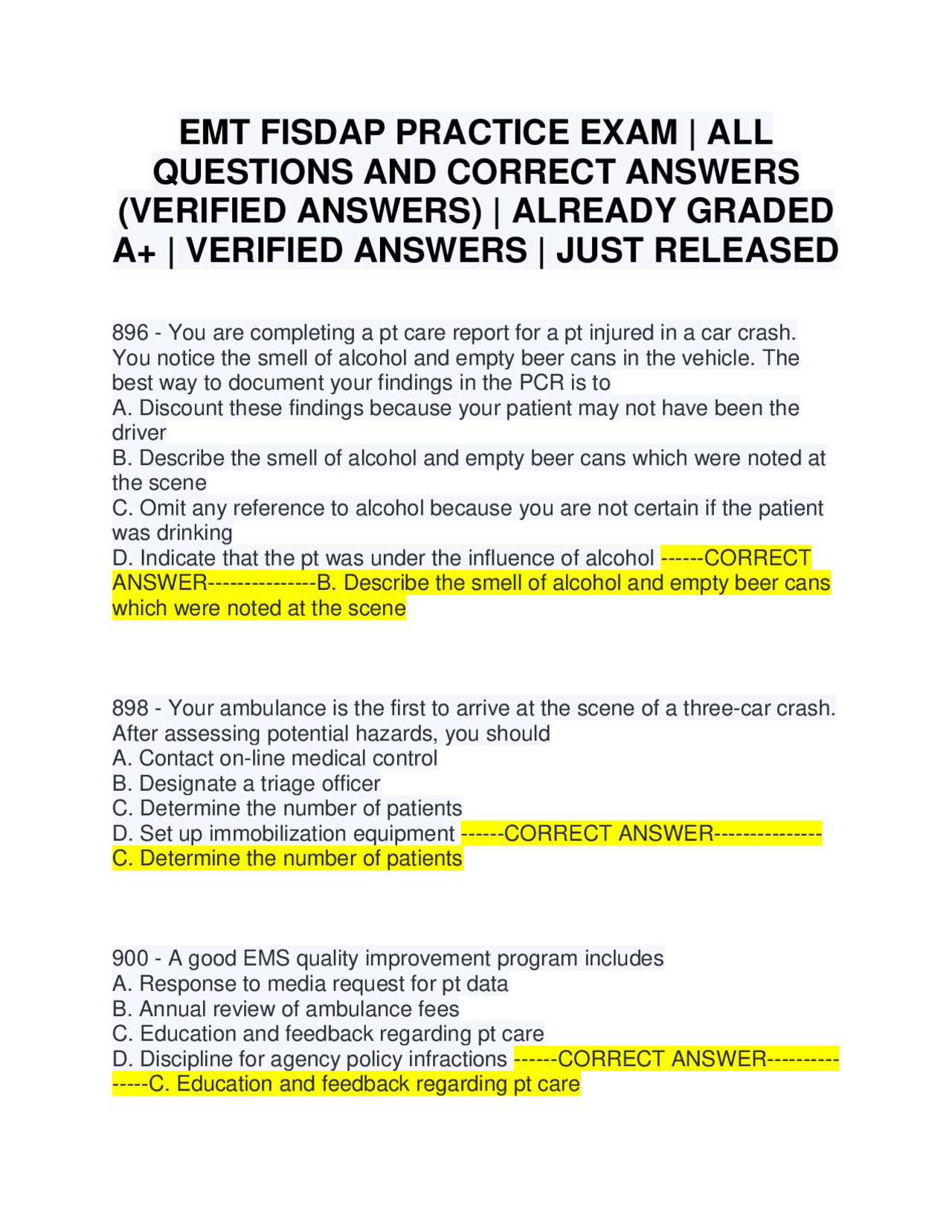 EMT FISDAP PRACTICE EXAM | ALL QUESTIONS AND CORRECT ANSWERS (VERIFIED ...