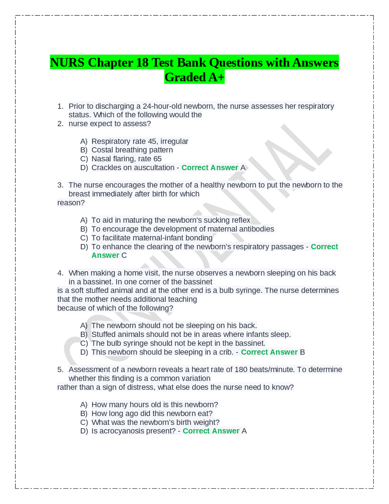 NURS Chapter 18 Test Bank Questions with Answers Graded A+ | Exams ...