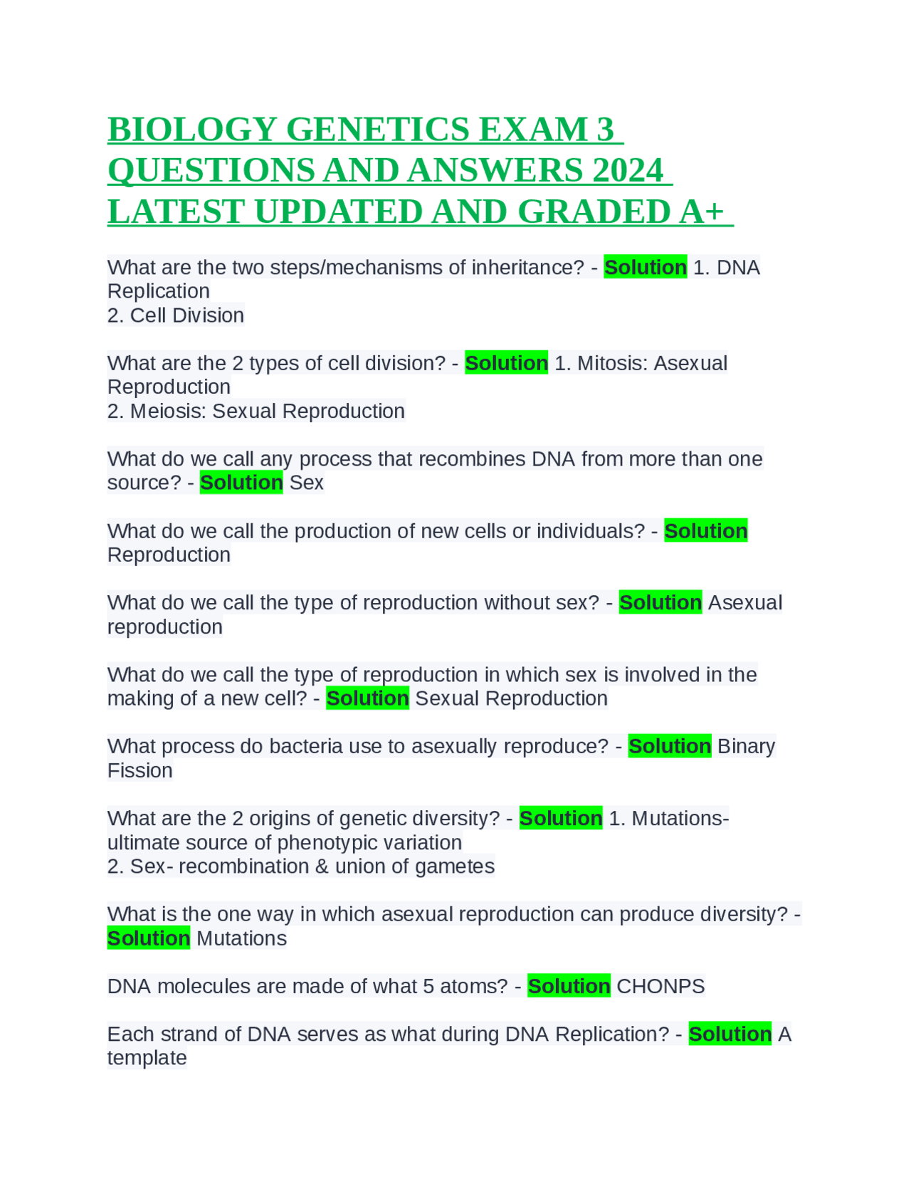 BIOLOGY GENETICS EXAM 3 QUESTIONS AND ANSWERS 2024 LATEST UPDATED AND ...