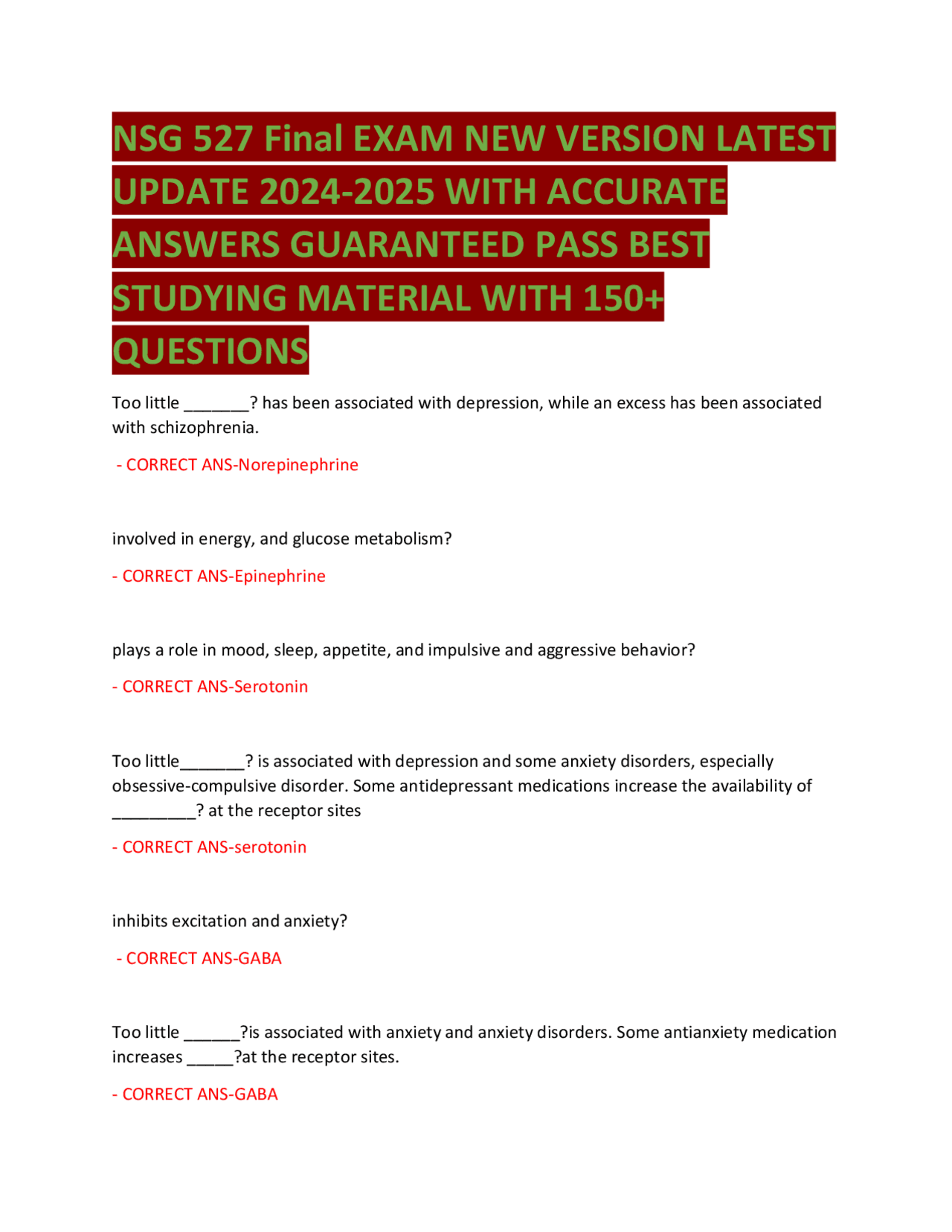 NSG 527 Final EXAM NEW VERSION LATEST UPDATE 2024-2025 WITH ACCURATE ...