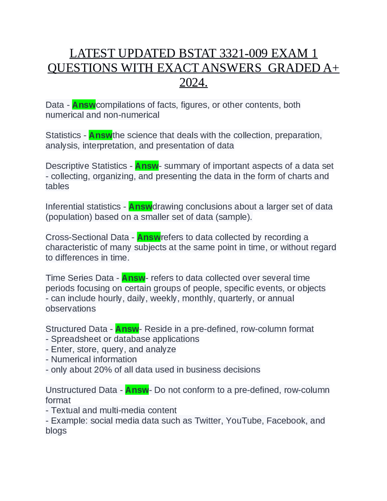 LATEST UPDATED BSTAT 3321-009 EXAM 1 QUESTIONS WITH EXACT ANSWERS ...