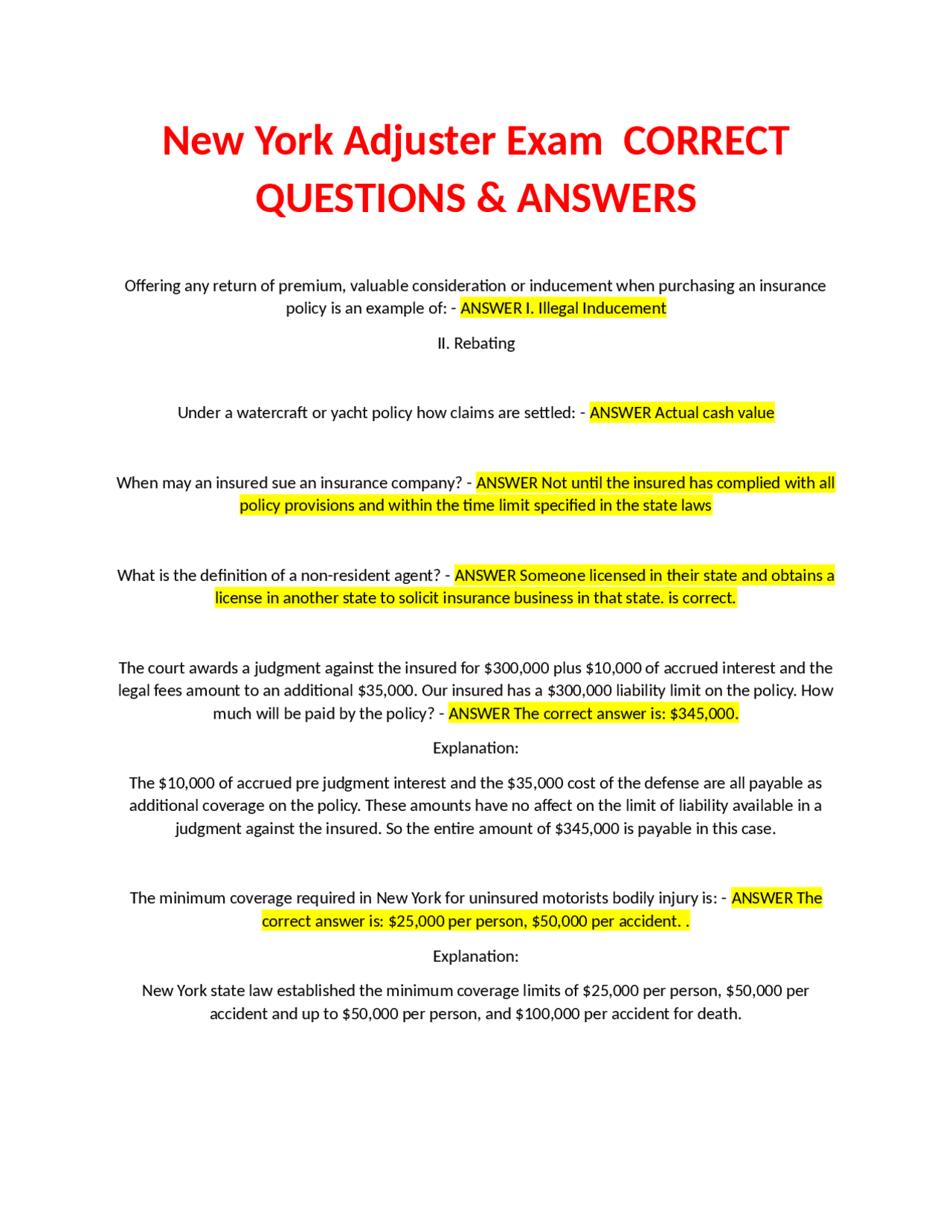 New York Adjuster Exam Questions &amp; Answers | Exams Insurance law | Docsity