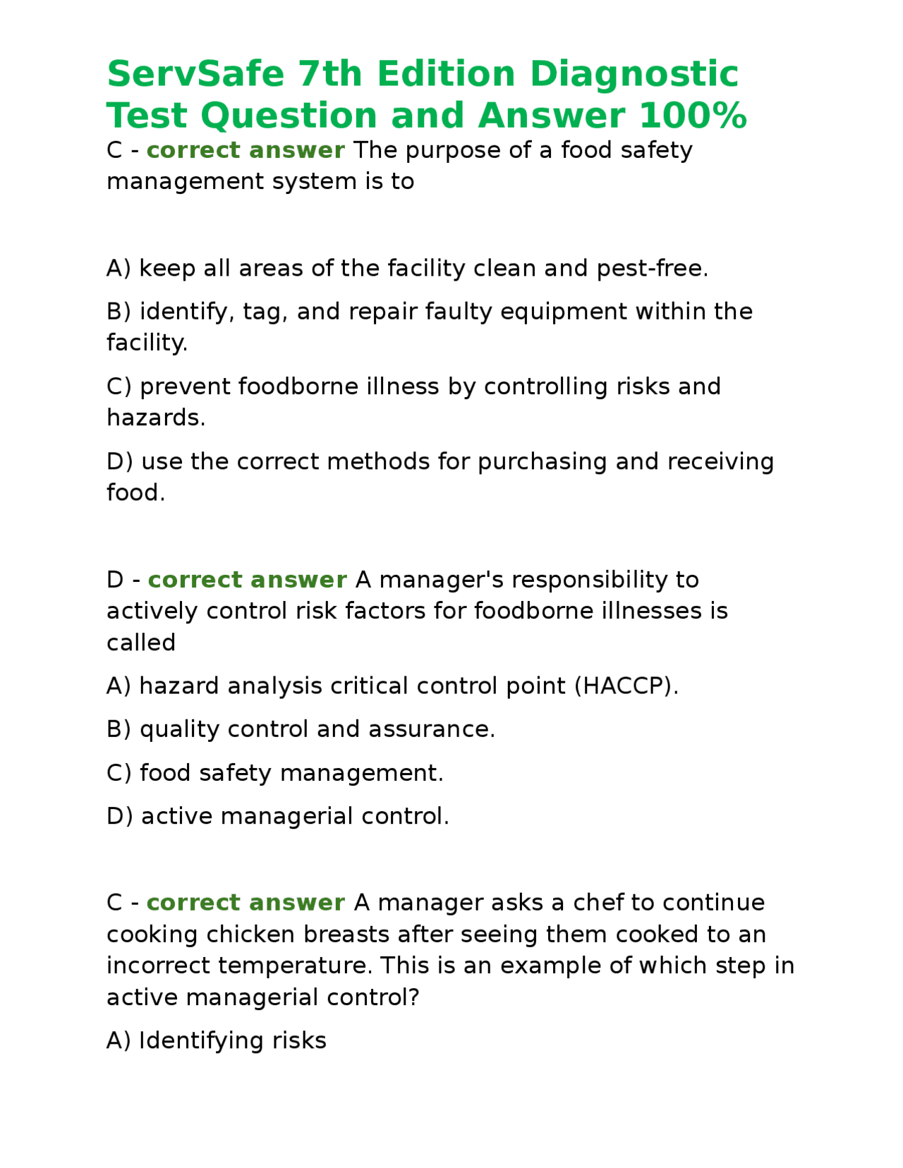 ServSafe 7th Edition Diagnostic Test Question and Answer 100% | Exams ...