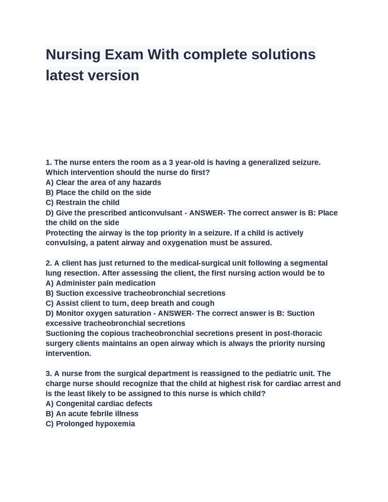 Nursing Exam With Complete Solutions Latest Version Exams Nursing Docsity Nursing Exam With Complete Solutions Latest Version Exams Nursing Docsity