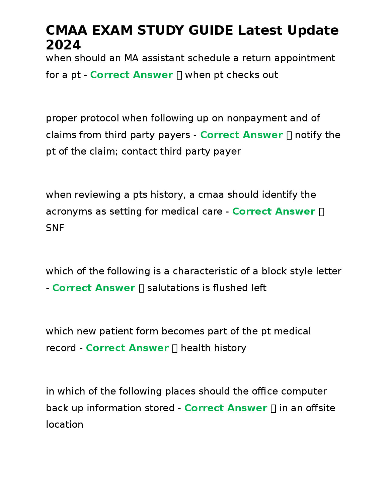 CMAA EXAM STUDY GUIDE Latest Update 2024 | Exams Nursing | Docsity