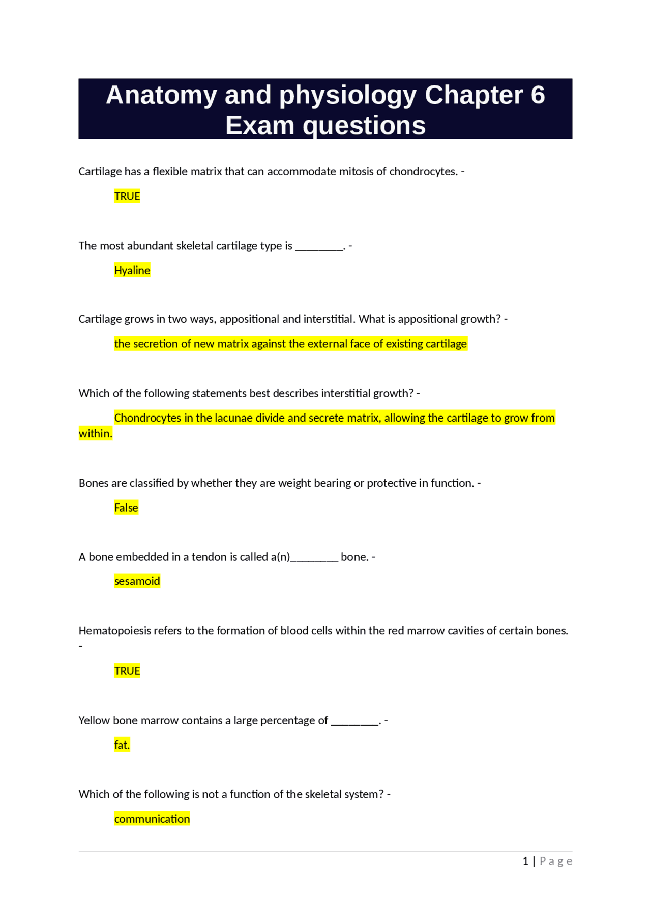 Anatomy and physiology Chapter 6 Exam questions | Exams Anatomy | Docsity