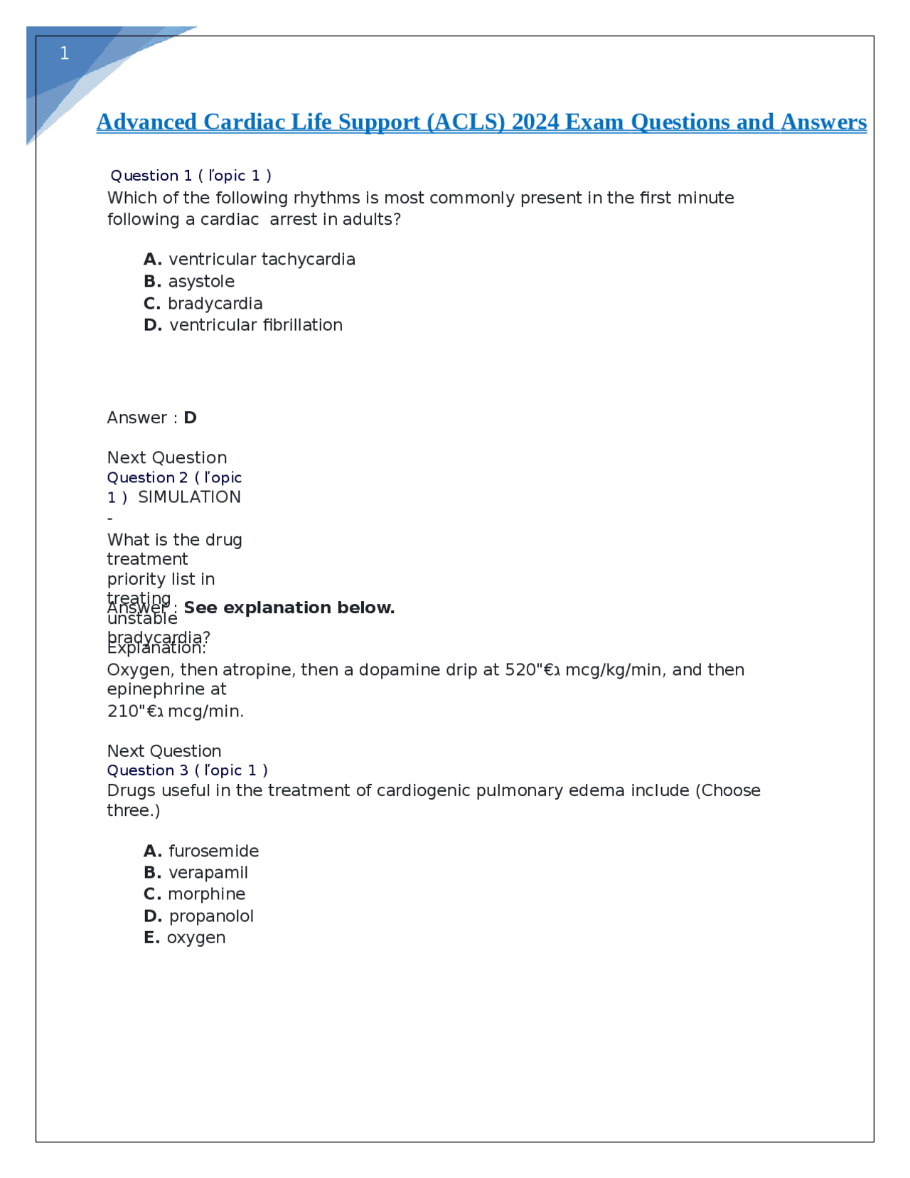 Advanced Cardiac Life Support (ACLS) 2024 Exam Questions and Answers ...