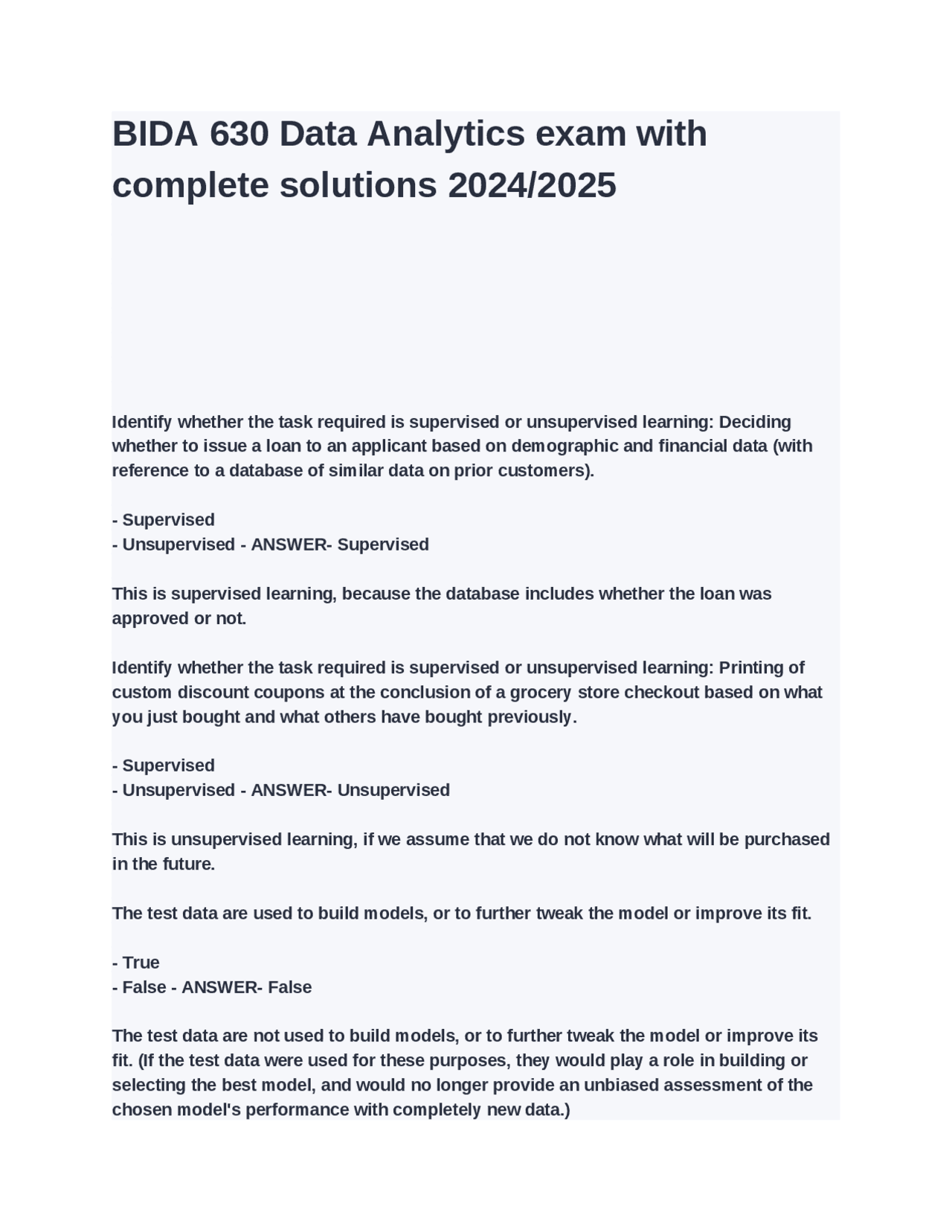 BIDA 630 Data Analytics exam with complete solutions | Exams Data ...