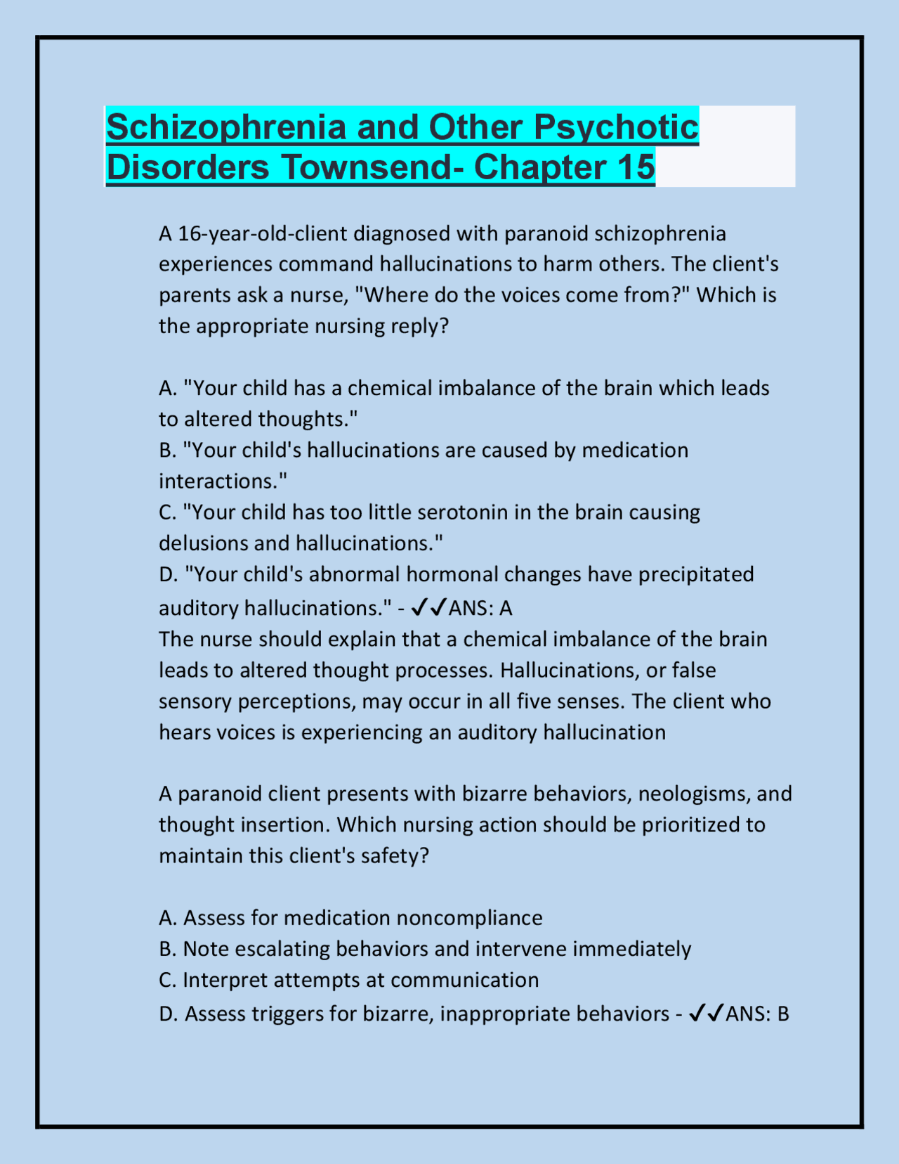 Schizophrenia and Other Psychotic Disorders Townsend- Chapter 15 Latest ...