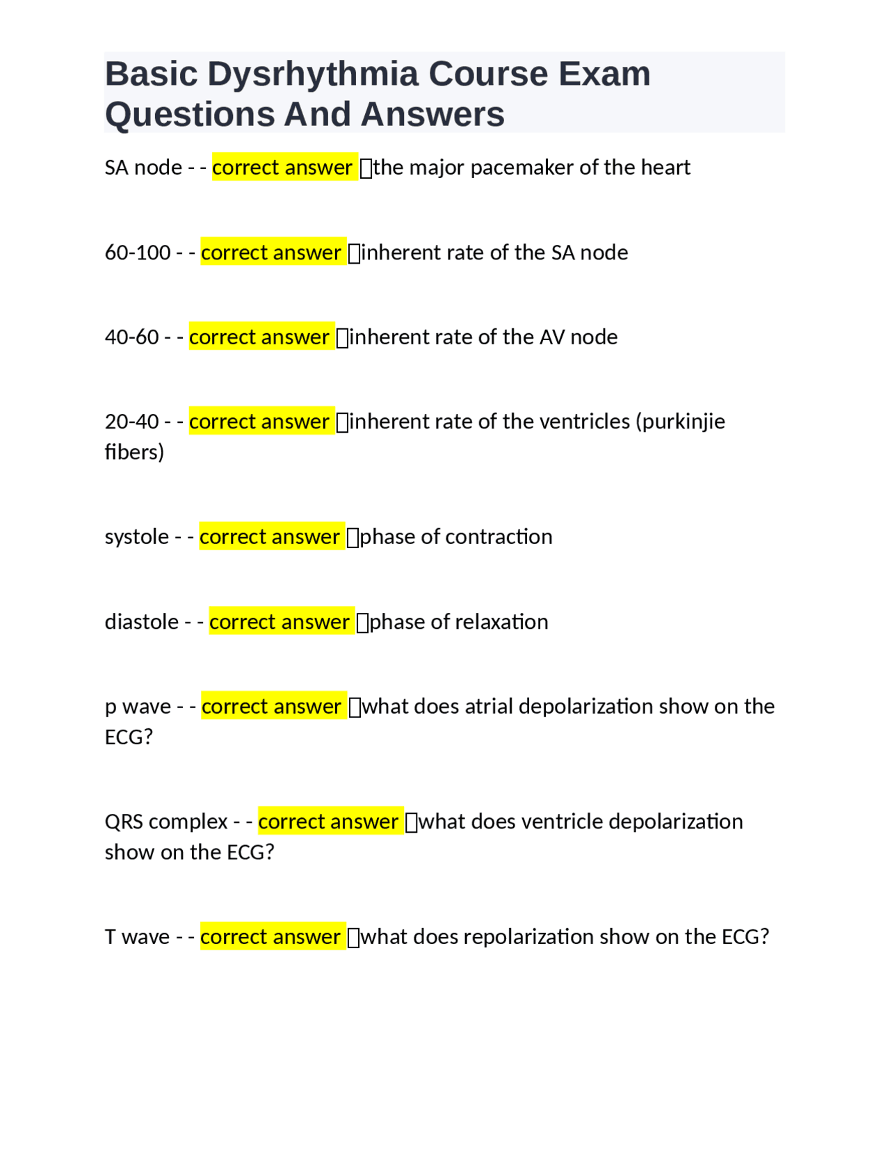 Basic Dysrhythmia Course Exam Questions And Answers | Exams Nursing ...