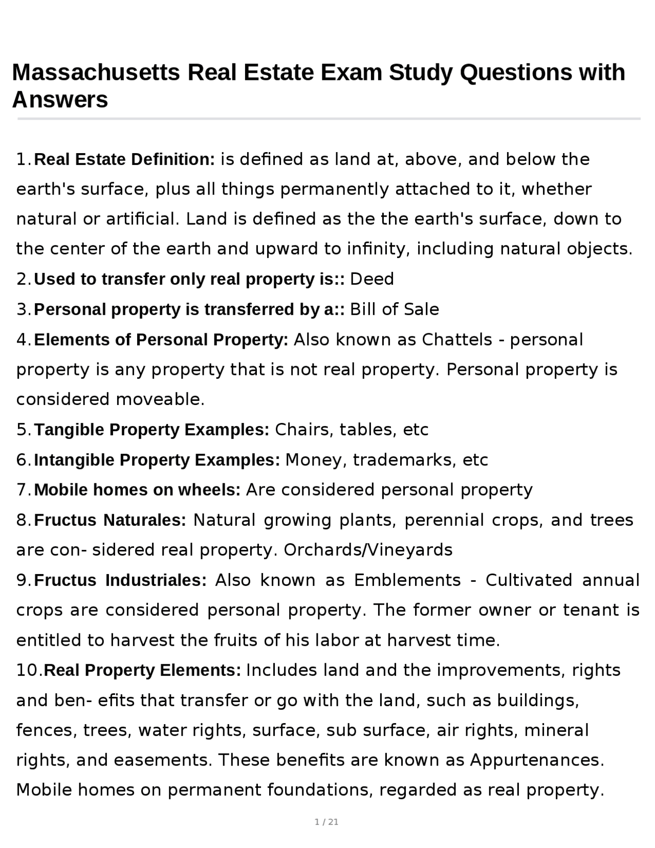 Massachusetts Real Estate Exam Study Questions with Answers Exams