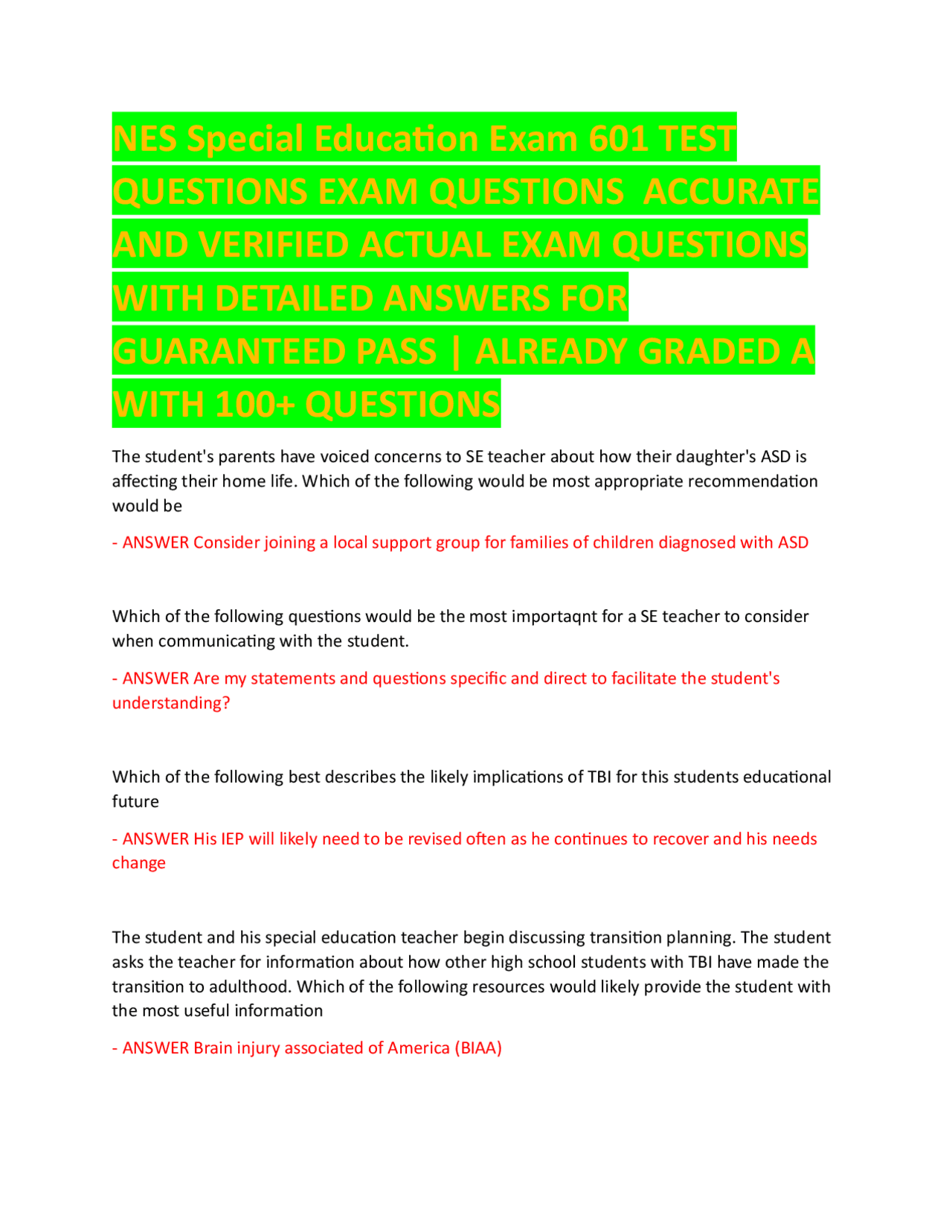 NES Special Education Exam 601 TEST QUESTIONS EXAM QUESTIONS ACCURATE ...
