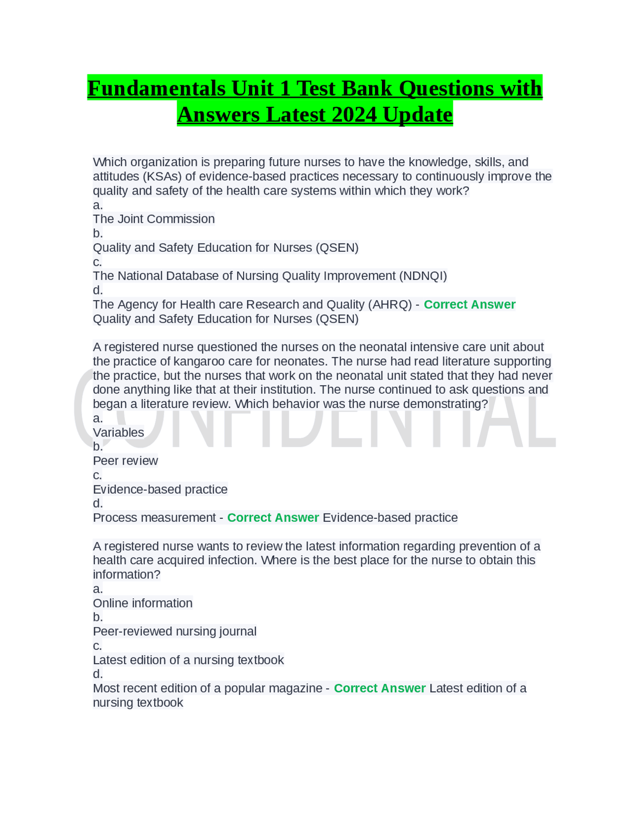 Fundamentals Unit 1 Test Bank Questions with Answers Latest 2024 Update ...