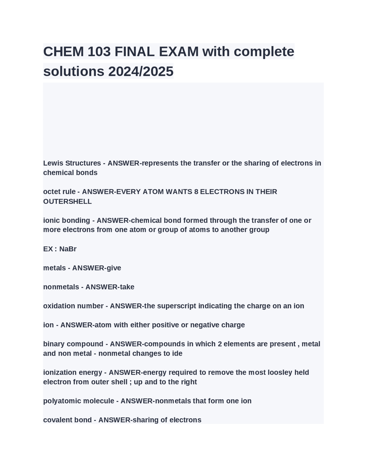 CHEM 103 FINAL EXAM with complete solutions 2024_2025.docx | Exams ...