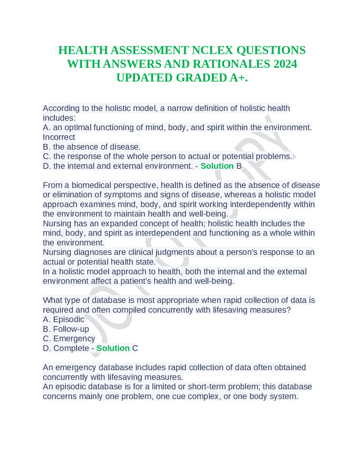 HEALTH ASSESSMENT NCLEX QUESTIONS WITH ANSWERS AND RATIONALES 2024 ...