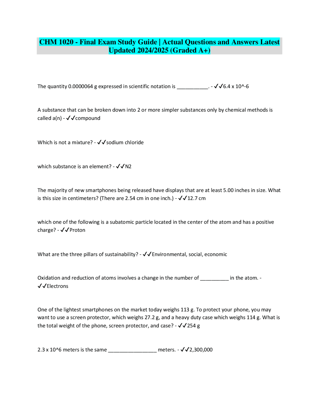 CHM 1020 - Final Exam Study Guide | Actual Questions and Answers Latest ...