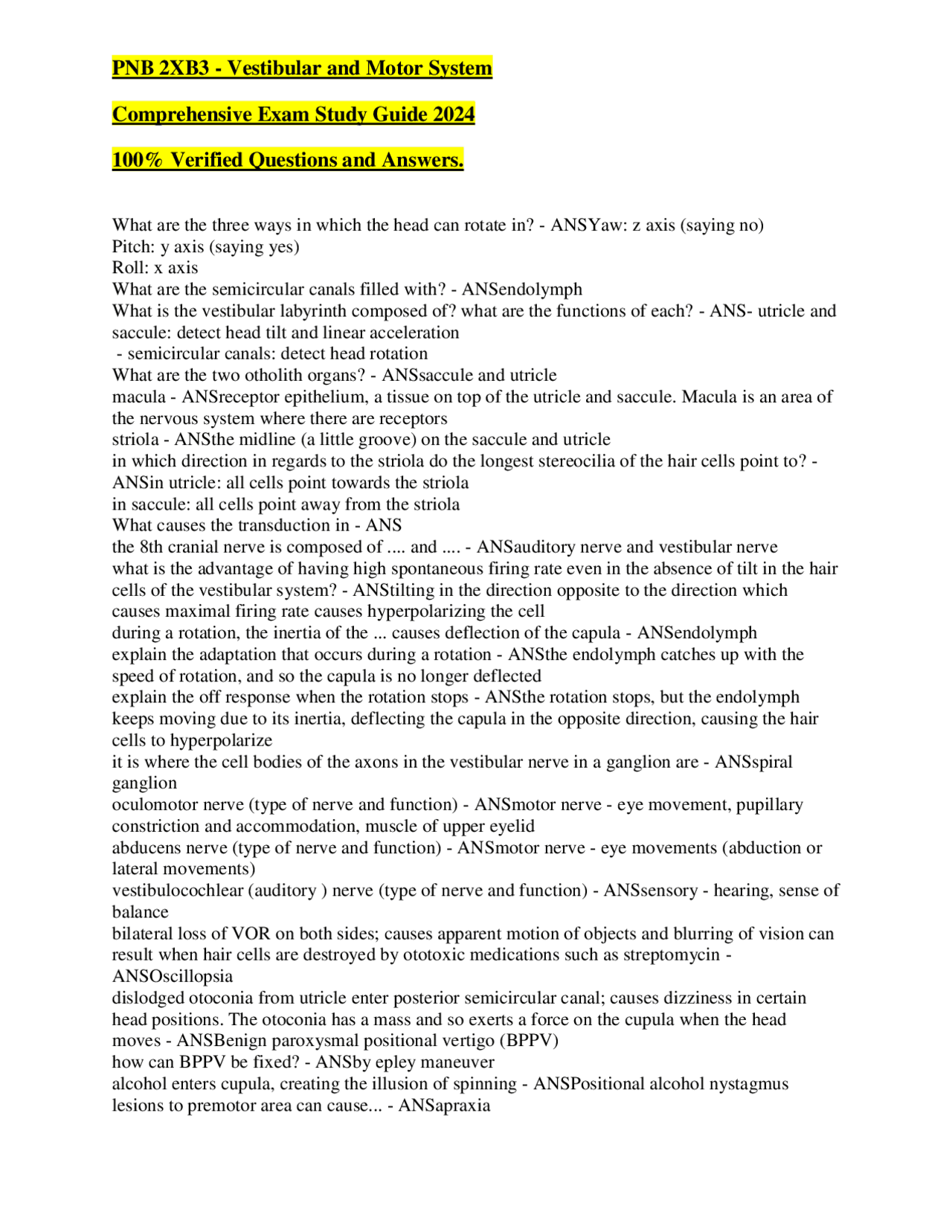 Vestibular Study Guide Vestibular and Motor System Comprehensive Exam Study Guide | Exams ...