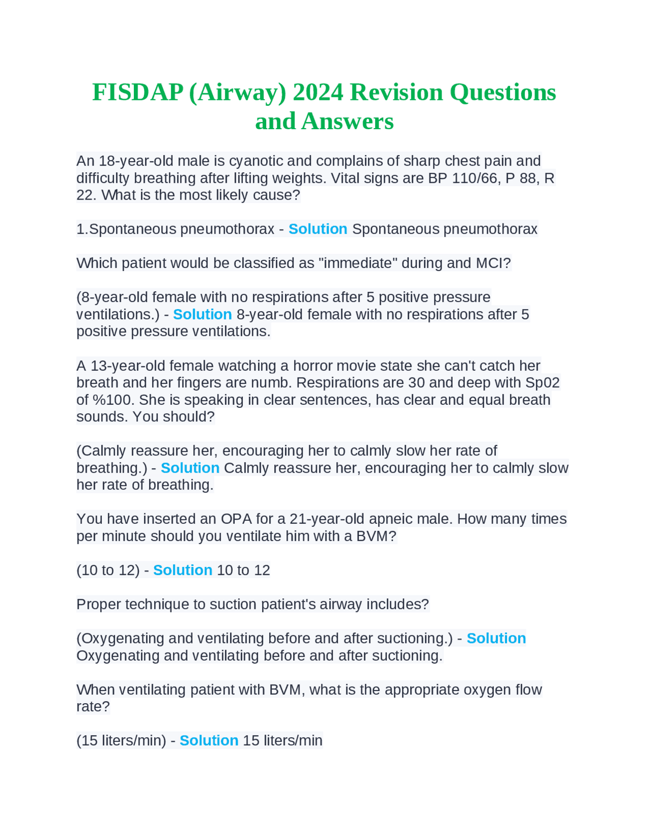 FISDAP (Airway) 2024 Revision Questions and Answers Exams Financial