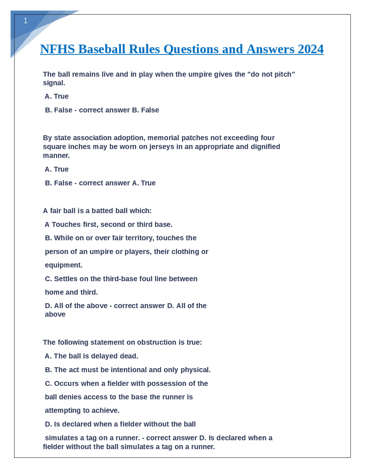 NFHS Rulebook Exam Questions and Answers 2024 | Exams Physical Activity ...