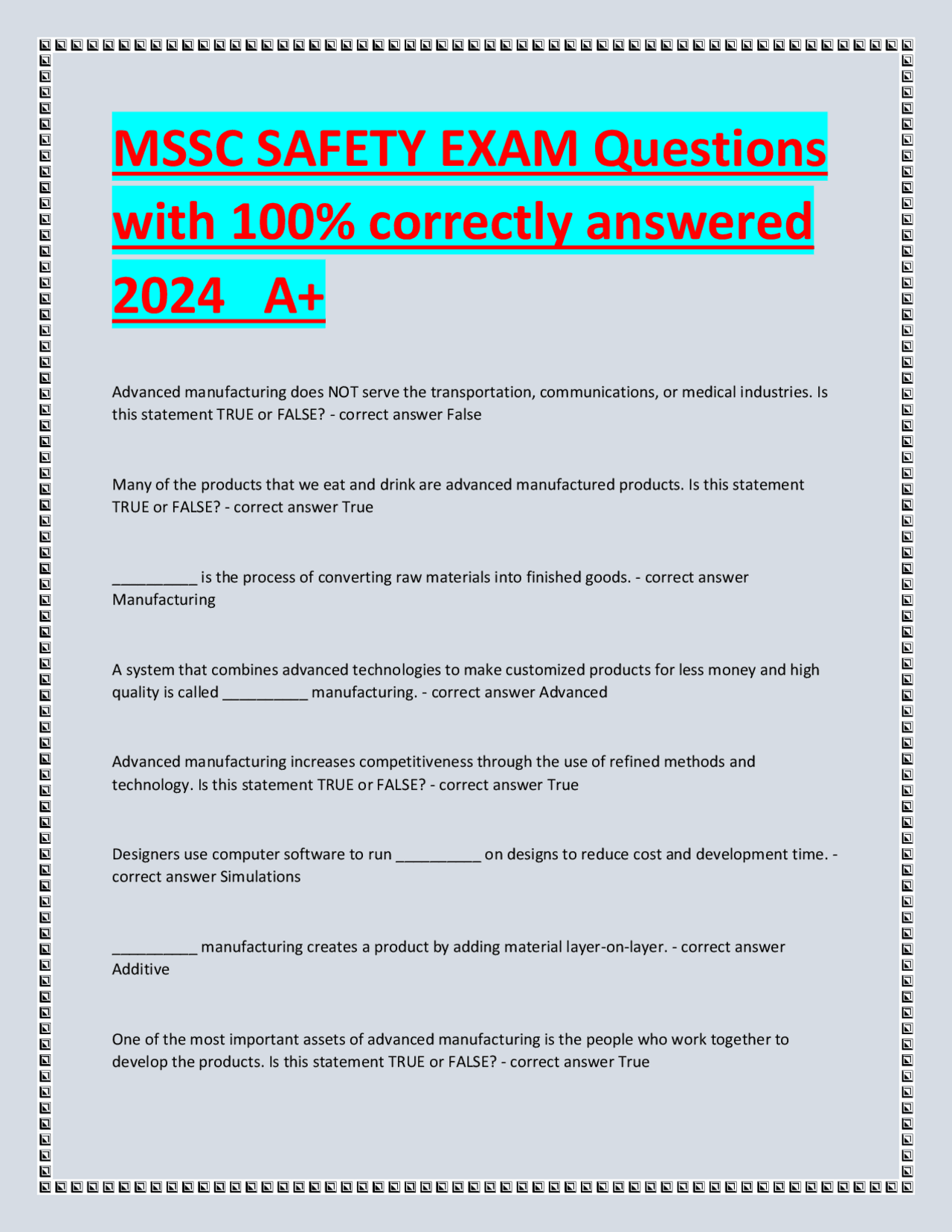 MSSC SAFETY EXAM Questions with 100 correctly answered 2024 A+ Exams