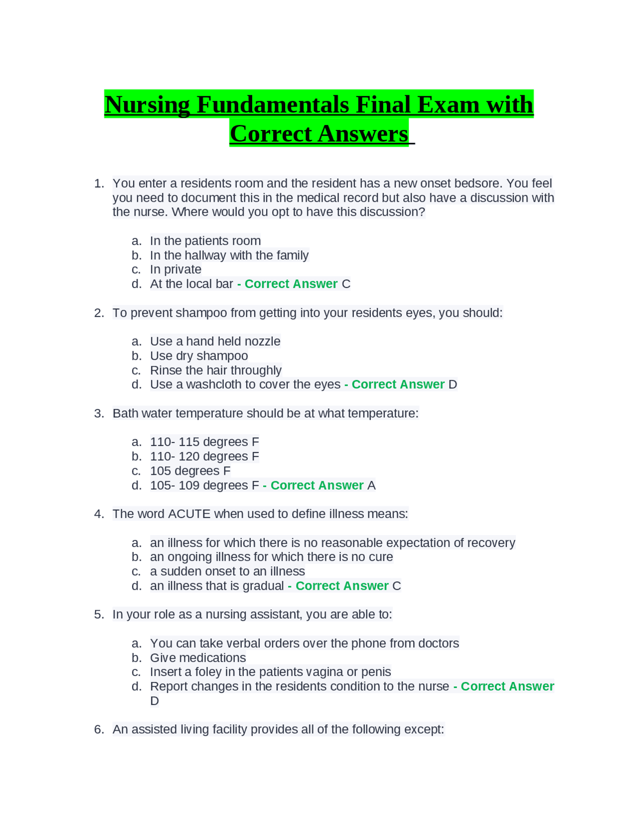Nursing Fundamentals Final Exam with Correct Answers | Exams Nursing ...