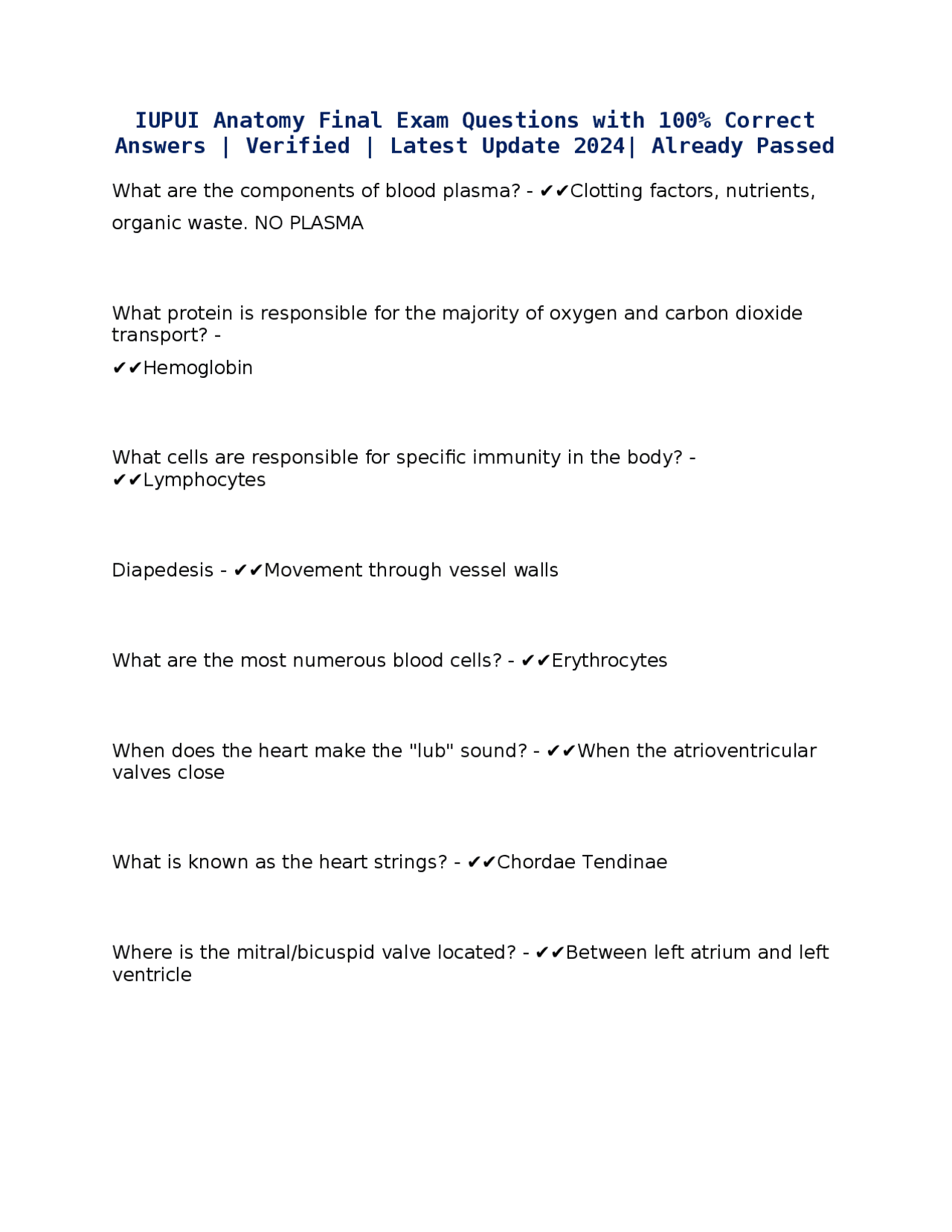 IUPUI Anatomy Final Exam Questions with 100% Correct Answers | Verified ...