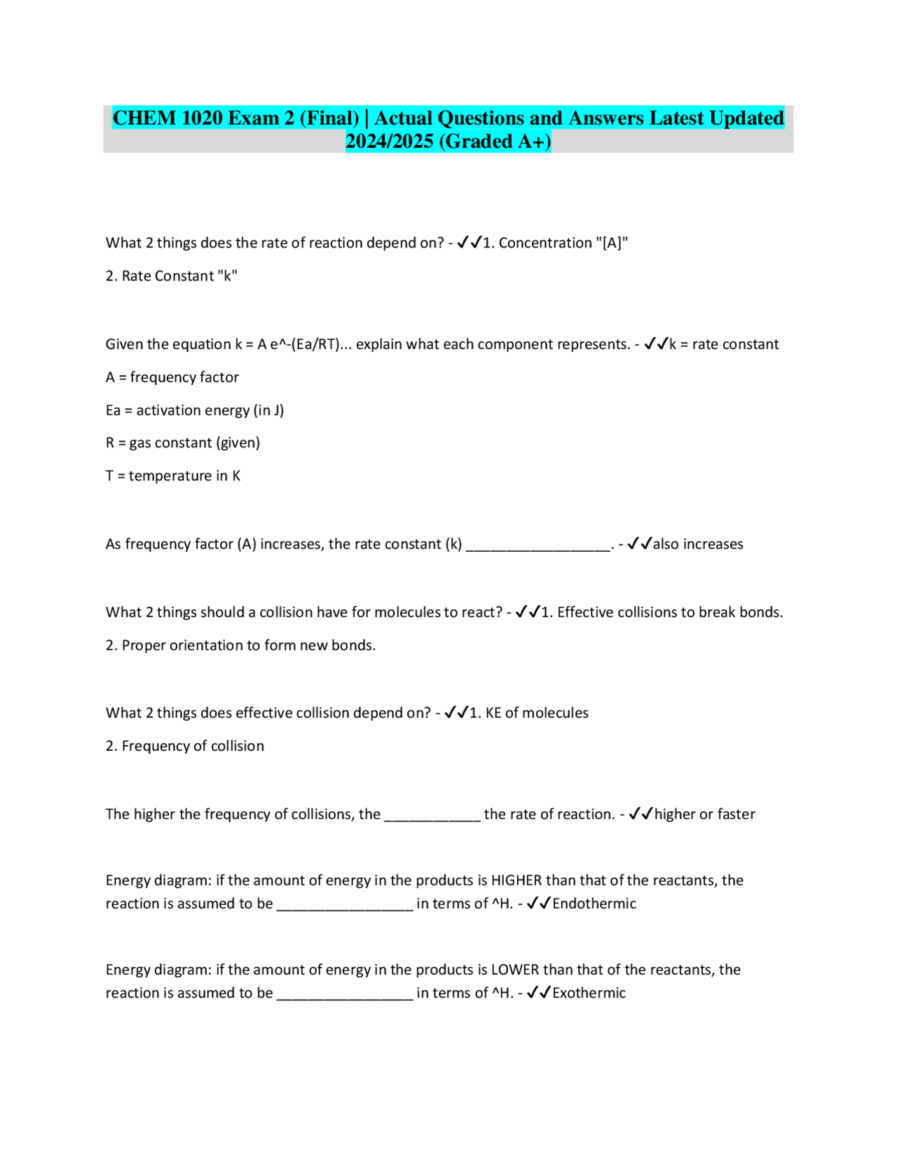 CHEM 1020 Exam 2 (Final) | Actual Questions and Answers Latest Updated ...