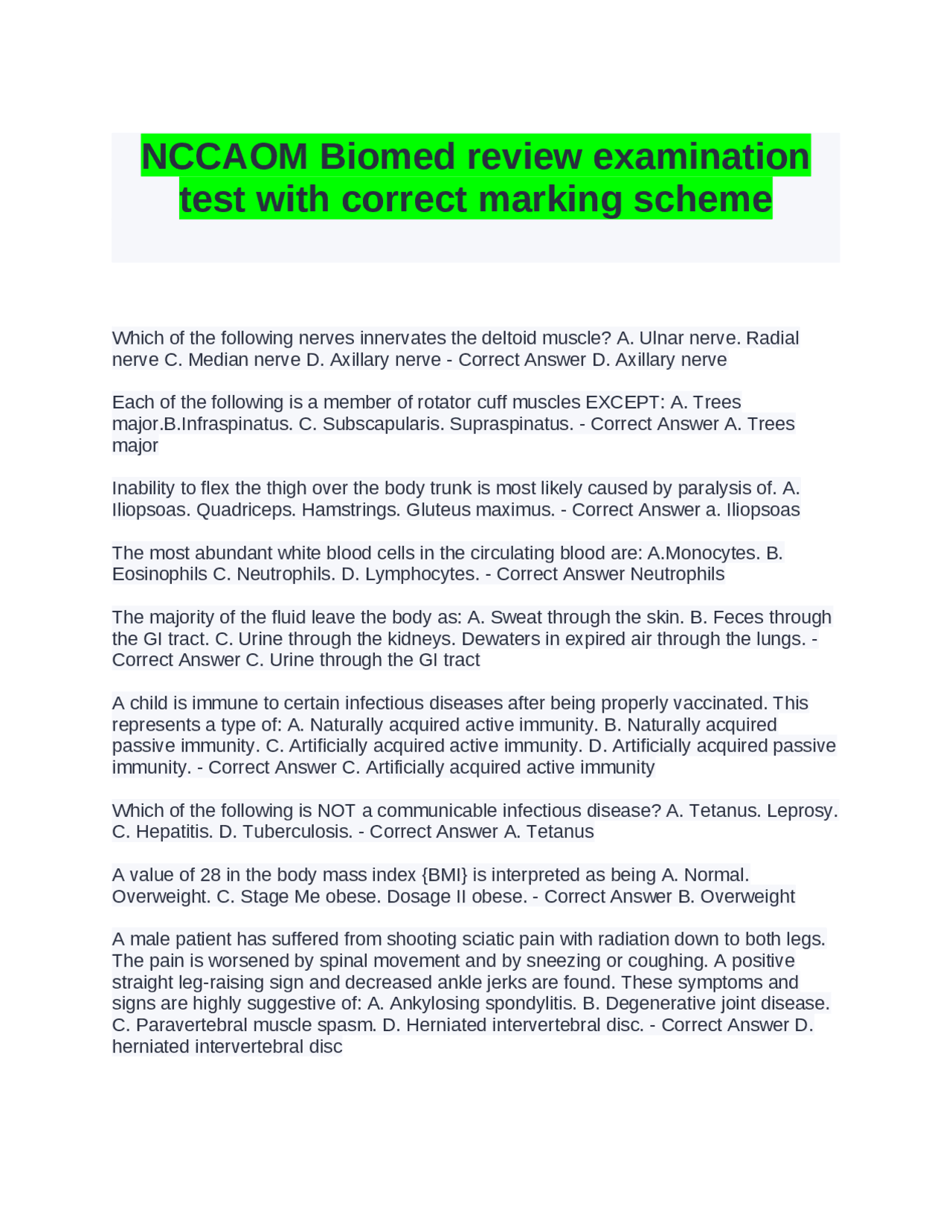 NCCAOM Biomed review examination test with correct marking scheme ...