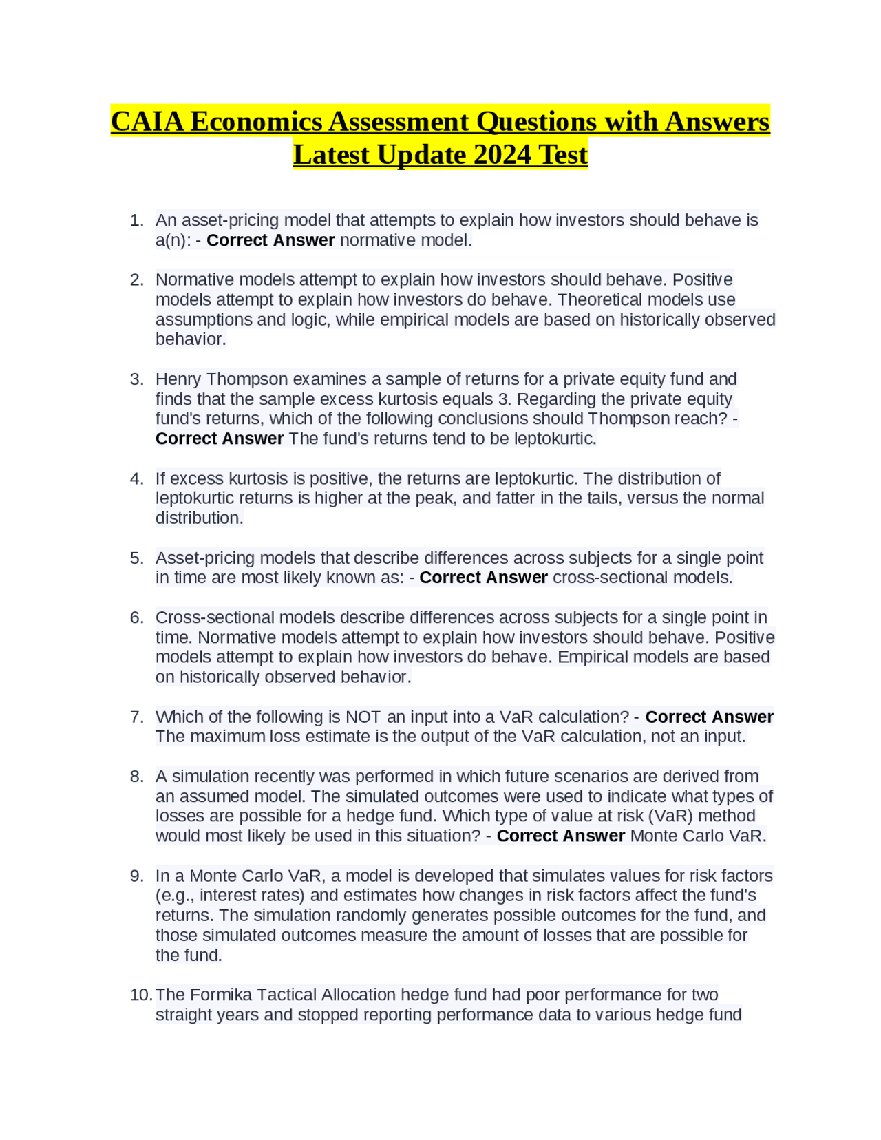 Caia Example Questions CAIA Economics Assessment Questions with Answers Latest Update 2024 ...