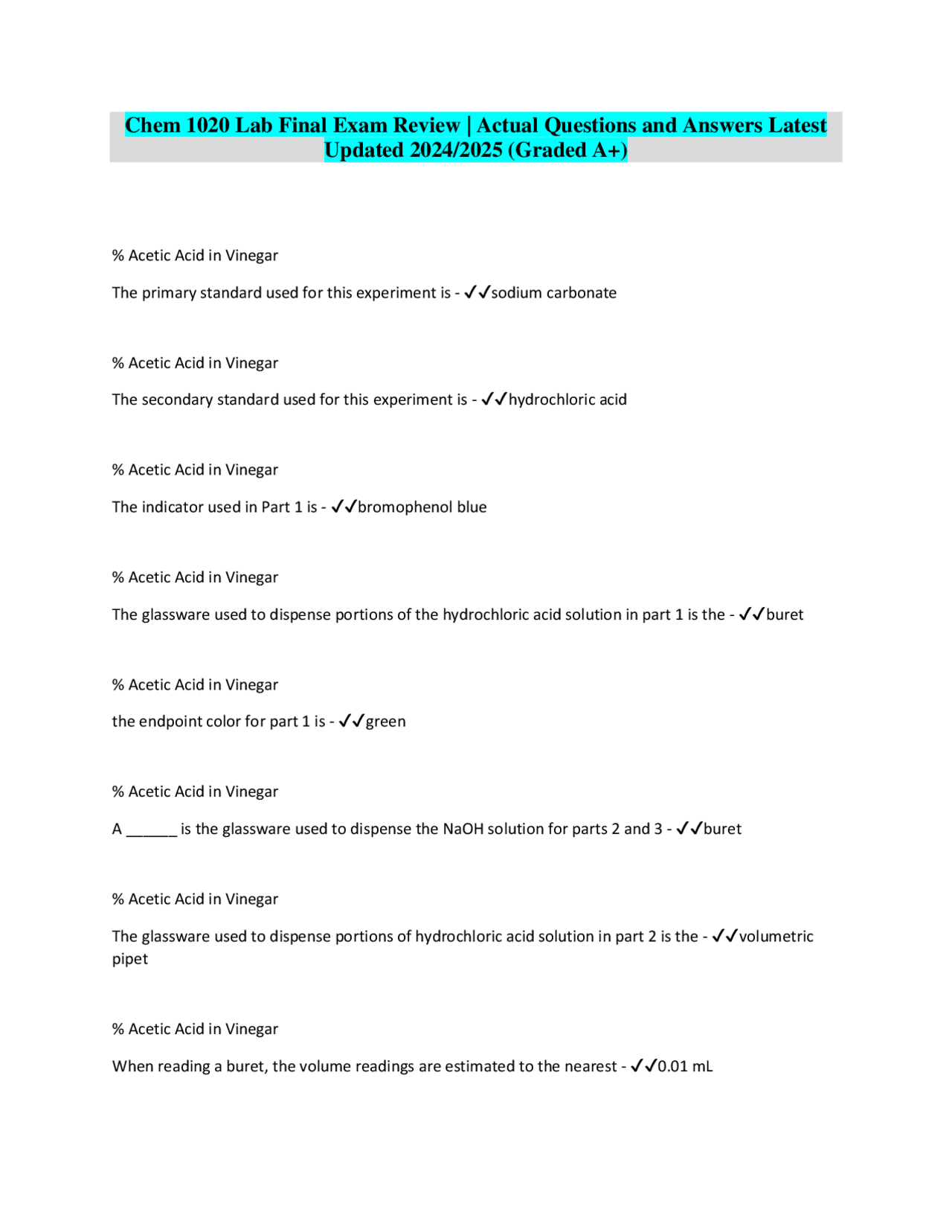 Chem 1020 Lab Final Exam Review | Actual Questions and Answers Latest ...