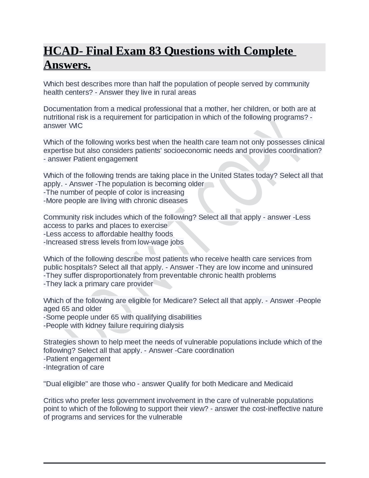 Hcap Core Questions HCAD- Final Exam 83 Questions with Complete Answers. | Exams Community ...