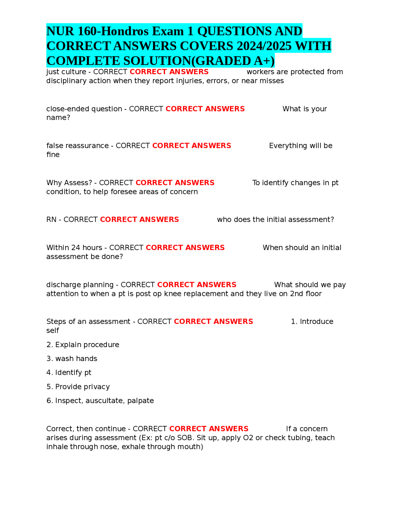 NUR 160-Hondros Exam 1 QUESTIONS AND CORRECT ANSWERS COVERS 2024/2025 ...