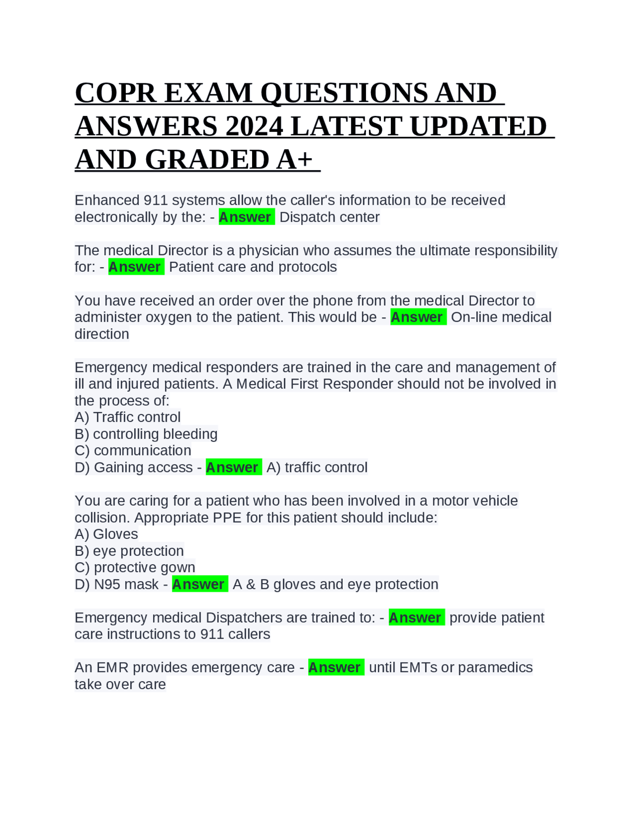 健康・医学 Answers to Everyday Questions Emergency Medical Responder (EMR) Exam Questions and Answers